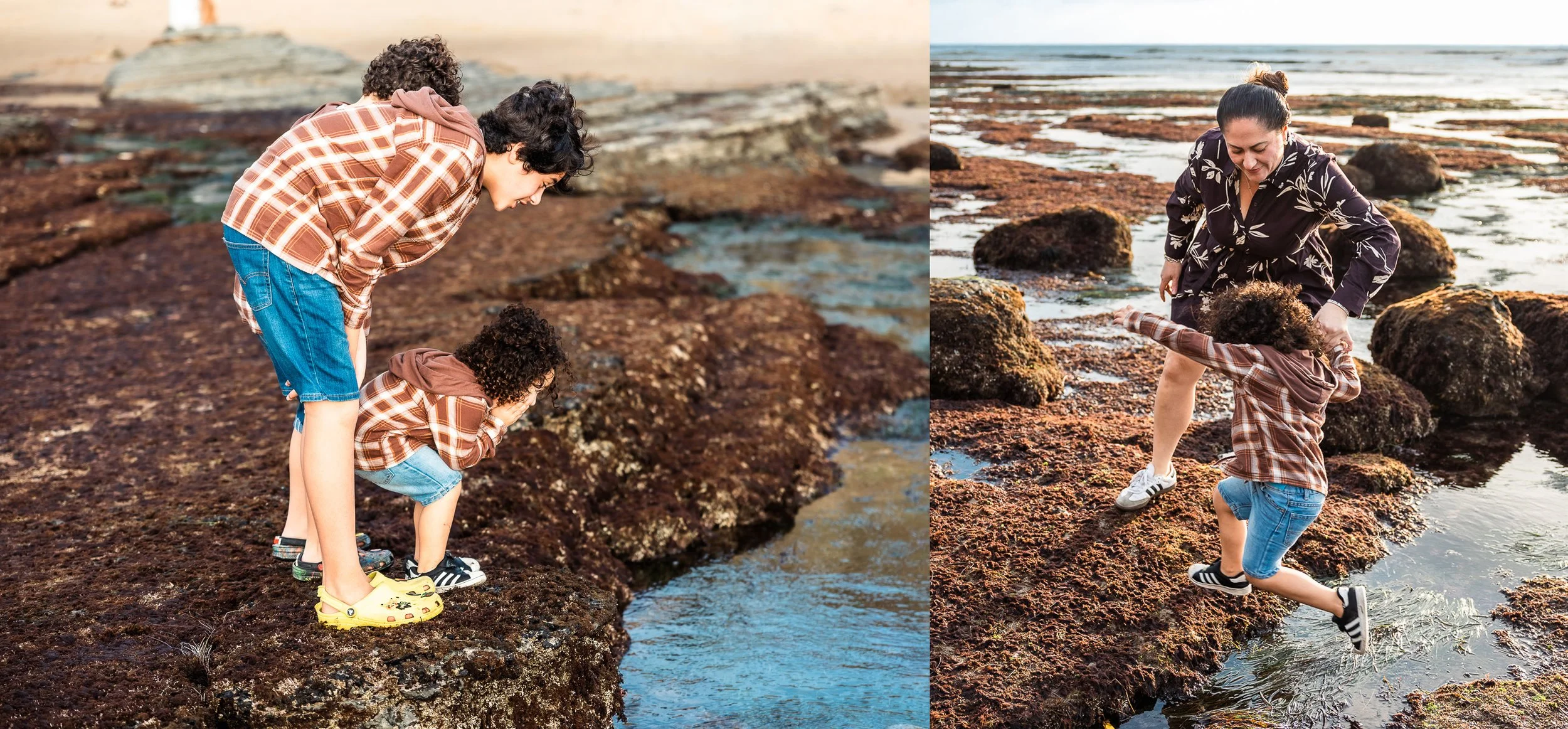 Two images side by side of family exploring tide pools at Sunset Cliffs San Diego, brothers leaning over a tidal channel left, mom and son jumping across rocks right, documentary family photography
