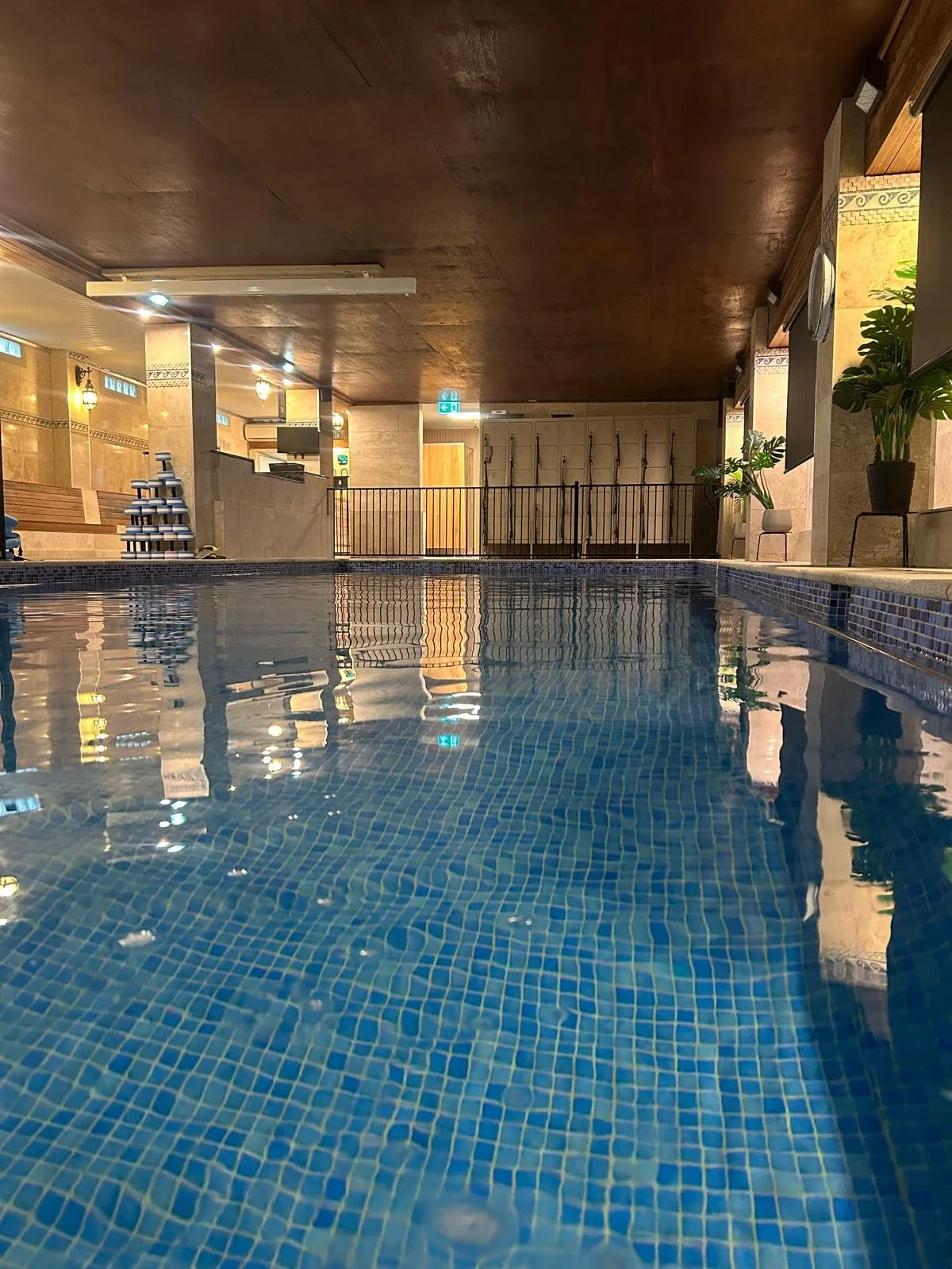Indoor swimming pool with blue tile floor, wooden ceiling, and potted plants along the walls.