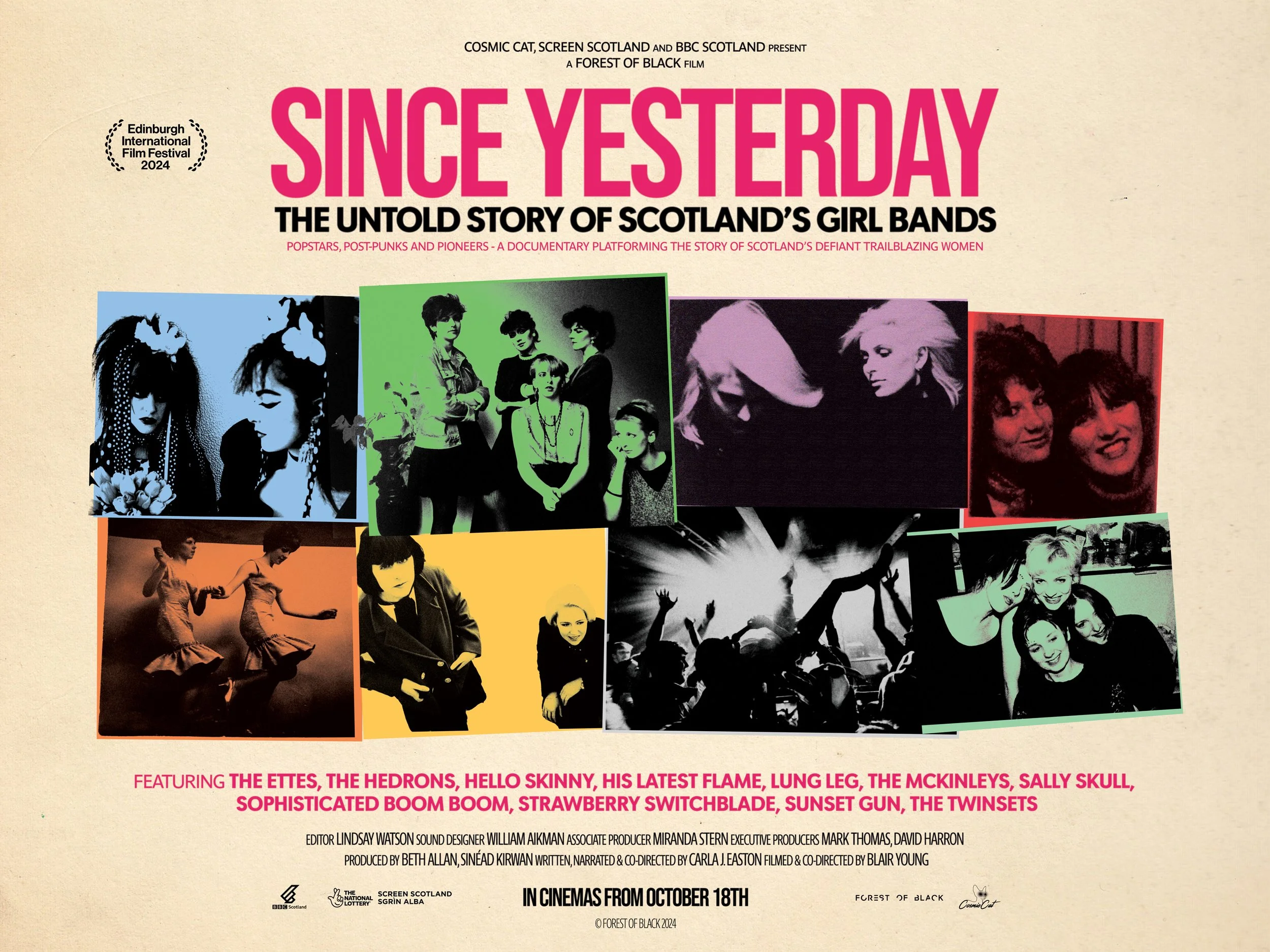 Poster for the documentary film 'Since Yesterday' featuring photos of Scottish girl bands with text about the film's release and cast.
