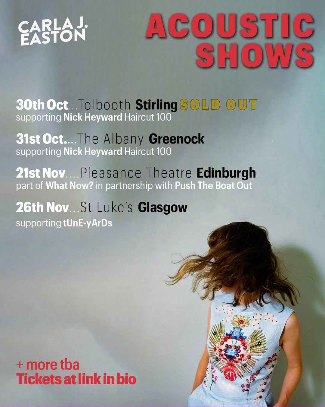 Poster advertising upcoming acoustic shows by Carla J. Easton featuring dates, locations, and supporting acts, with a photo of a girl with flowing brown hair wearing a decorated white sleeveless top.