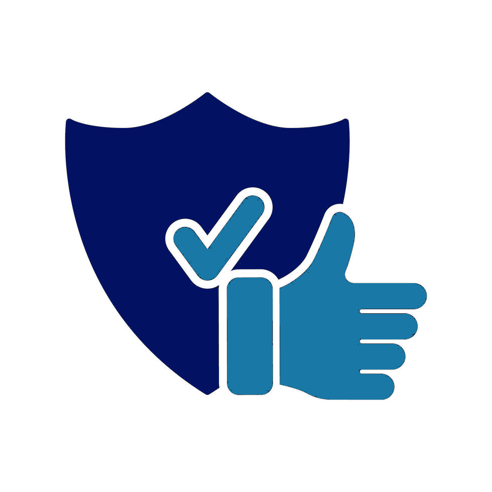 Une icône représentant un bouclier, une coche, un pouce levé et une main, symbolisant la protection, l'approbation et la sécurité.