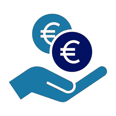 Une main stylisée tenant deux pièces de monnaie avec le symbole euro.