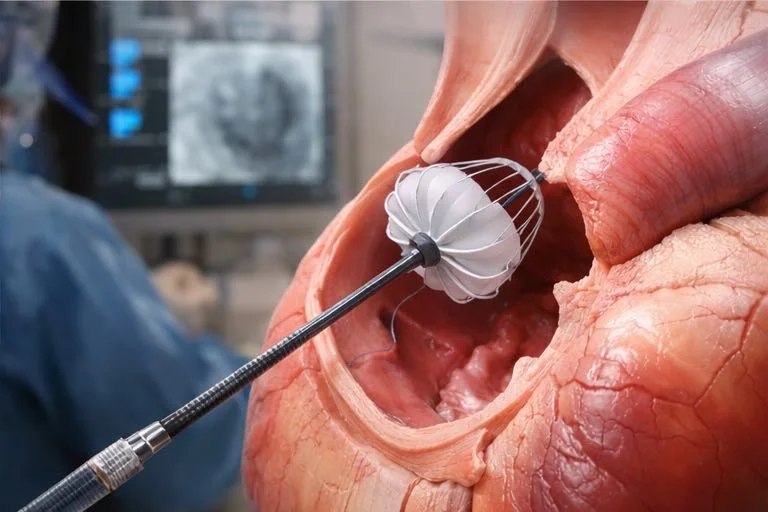 A left atrial appendage closure device being inserted percutaneously.