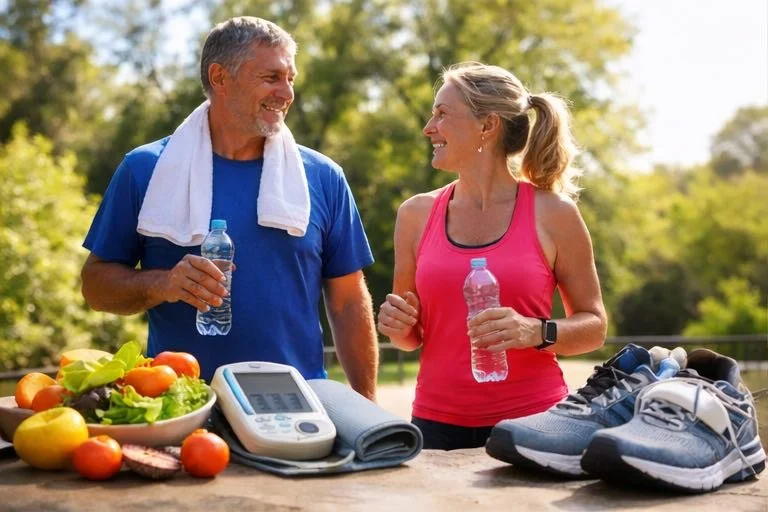 A man and woman in athletic clothing holding water bottles and smiling at each other, standing outdoors near exercise equipment, with fruits and vegetables on a table in front of them.