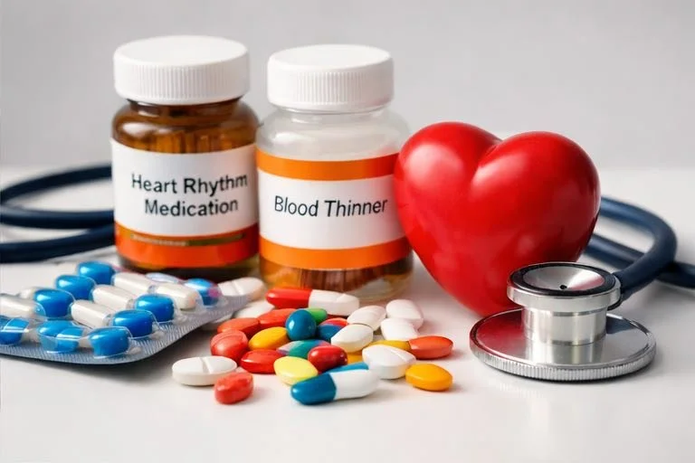 Medical supplies including two pill bottles labeled 'Heart Rhythm Medication' and 'Blood Thinner,' assorted pills, a stethoscope, a red heart-shaped object, and a blue and white capsule blister pack.