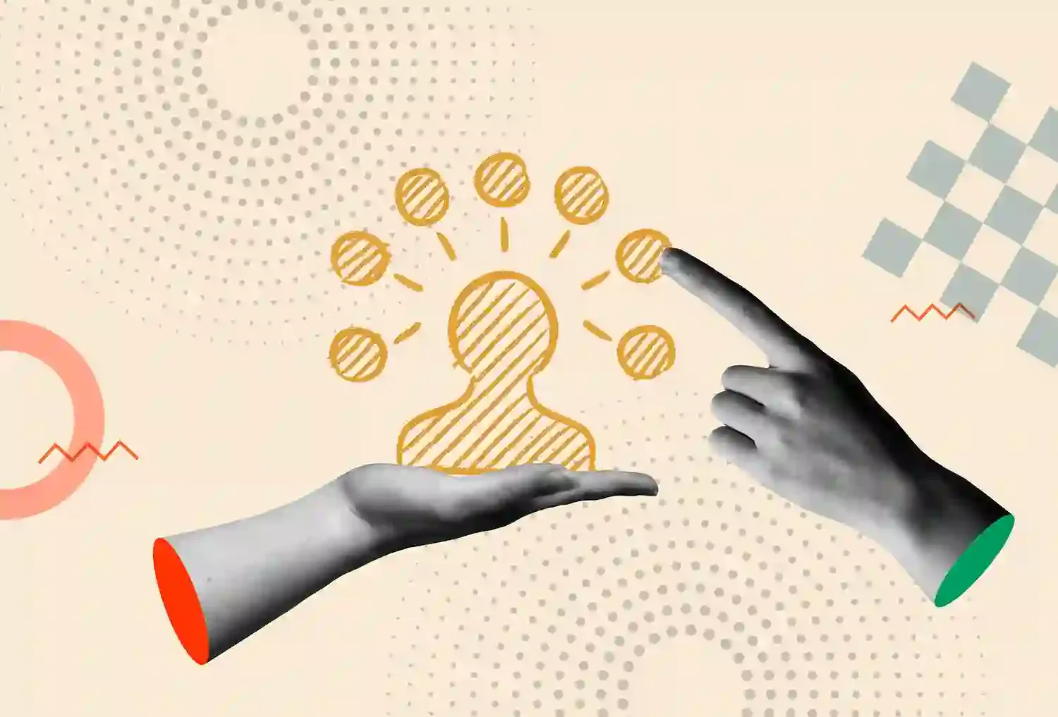 Illustrasjon av to hender som holder en tegning av en persons silhuett med ideer eller tanker rundt hodet