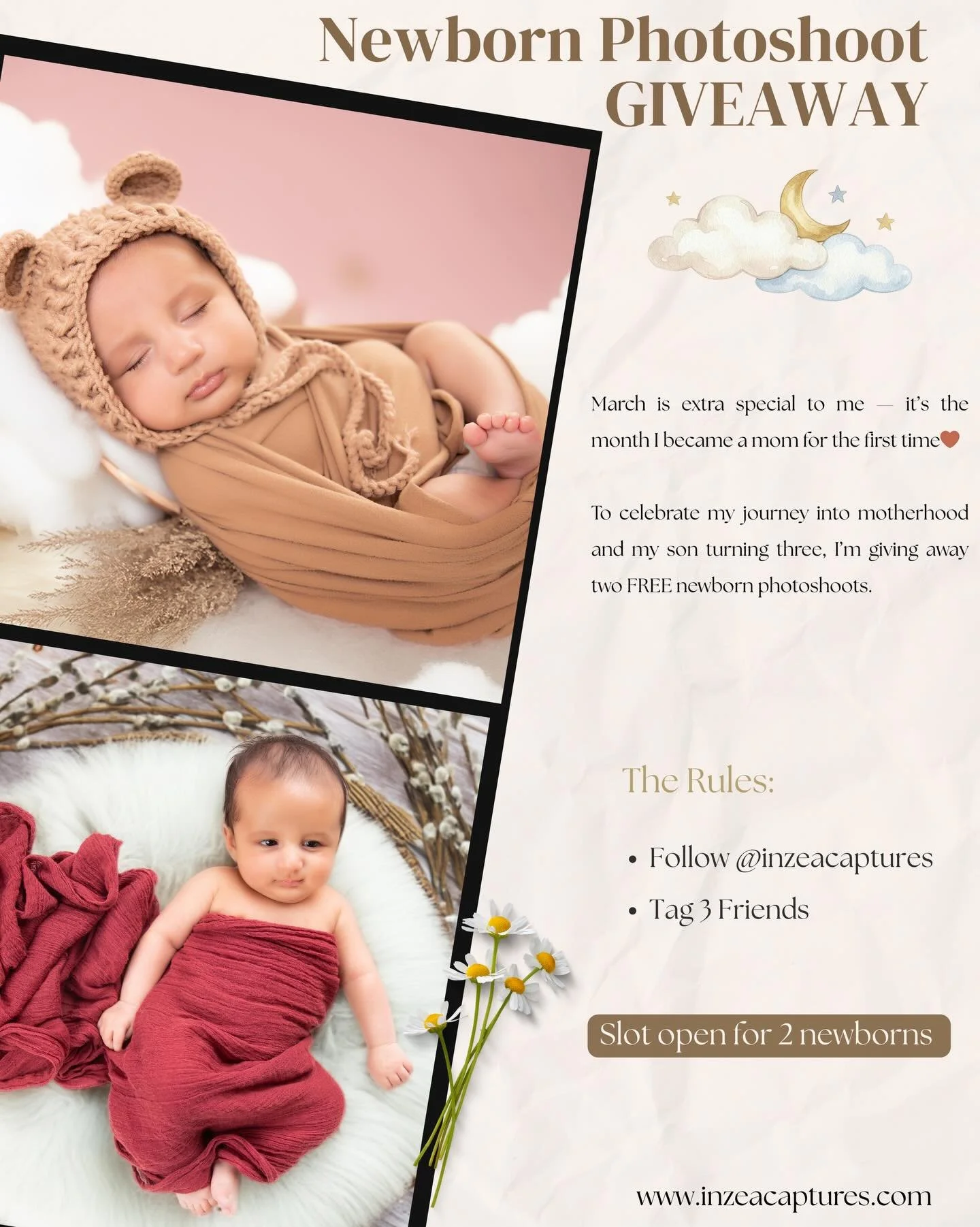 ✨ NEWBORN PHOTOSHOOT GIVEAWAY ✨

March is extra special to me as it&rsquo;s the month I became a mom for the first time. To celebrate my journey into motherhood and my son turning three, I&rsquo;m giving away two FREE newborn photoshoots.

Giveaway D