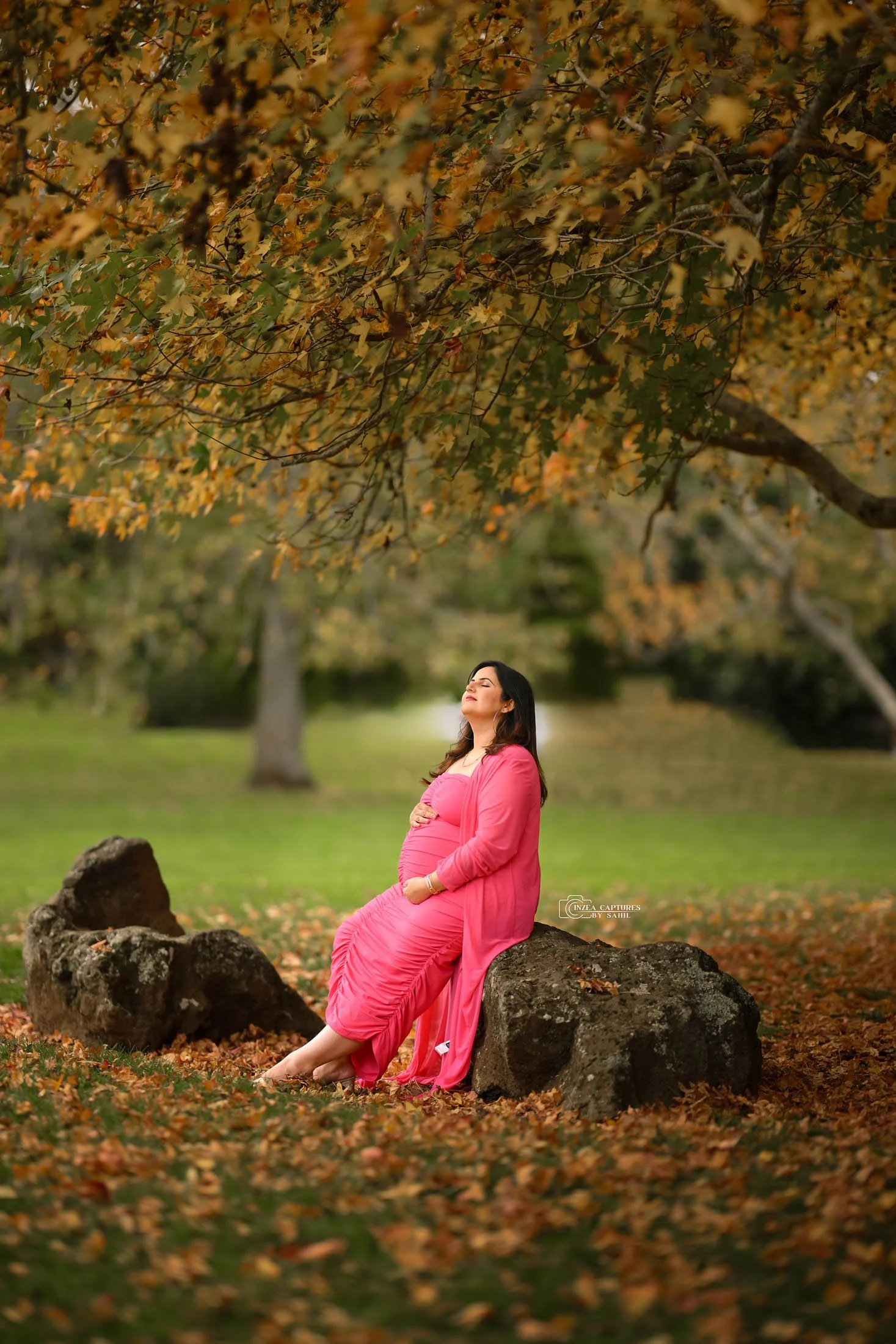 Pregnant woman in a pink dress sitting on a rock in a park with autumn leaves, trees and grass in the background.