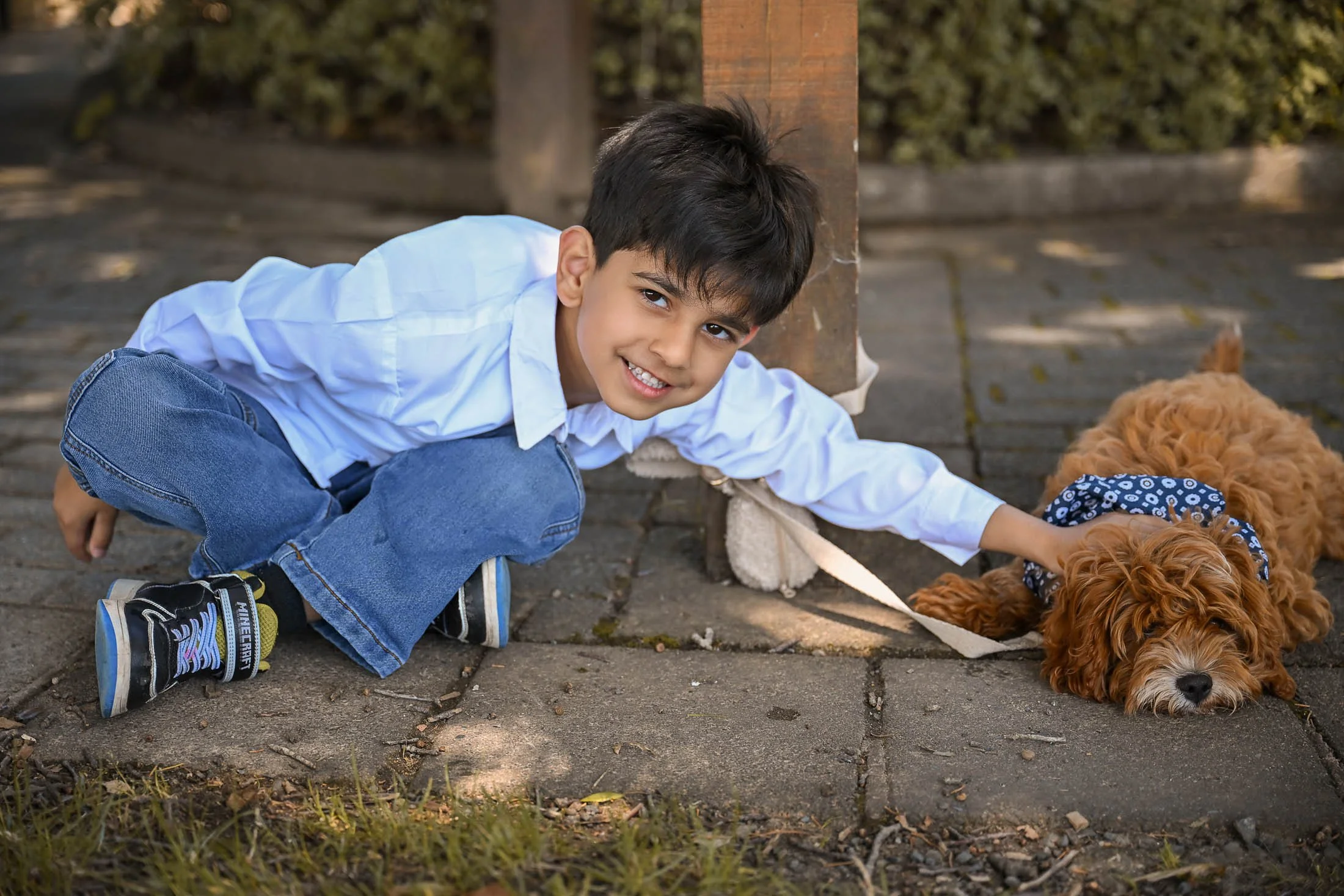 A young boy with dark hair, wearing a white shirt and jeans, crouching down on the sidewalk to pet a brown, fluffy dog lying on the ground with a blue bandana.