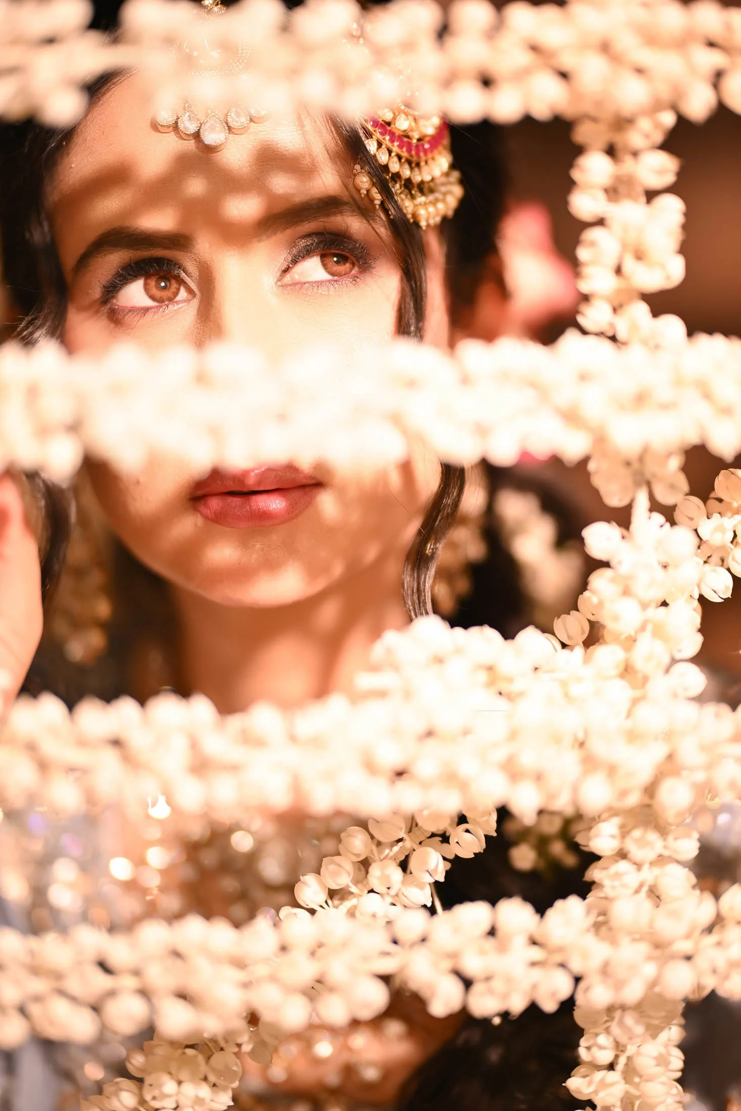 Close-up of a woman with traditional attire, jewelry, and makeup, seen through a frame of white flowers.