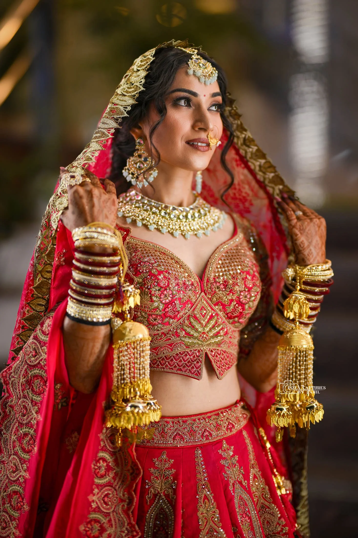 A woman dressed in traditional Indian bridal attire, wearing a red and gold embroidered blouse, a matching saree, intricate jewelry including a necklace, earrings, and a nose ring, with henna on her hands, and a decorative veil over her hair.