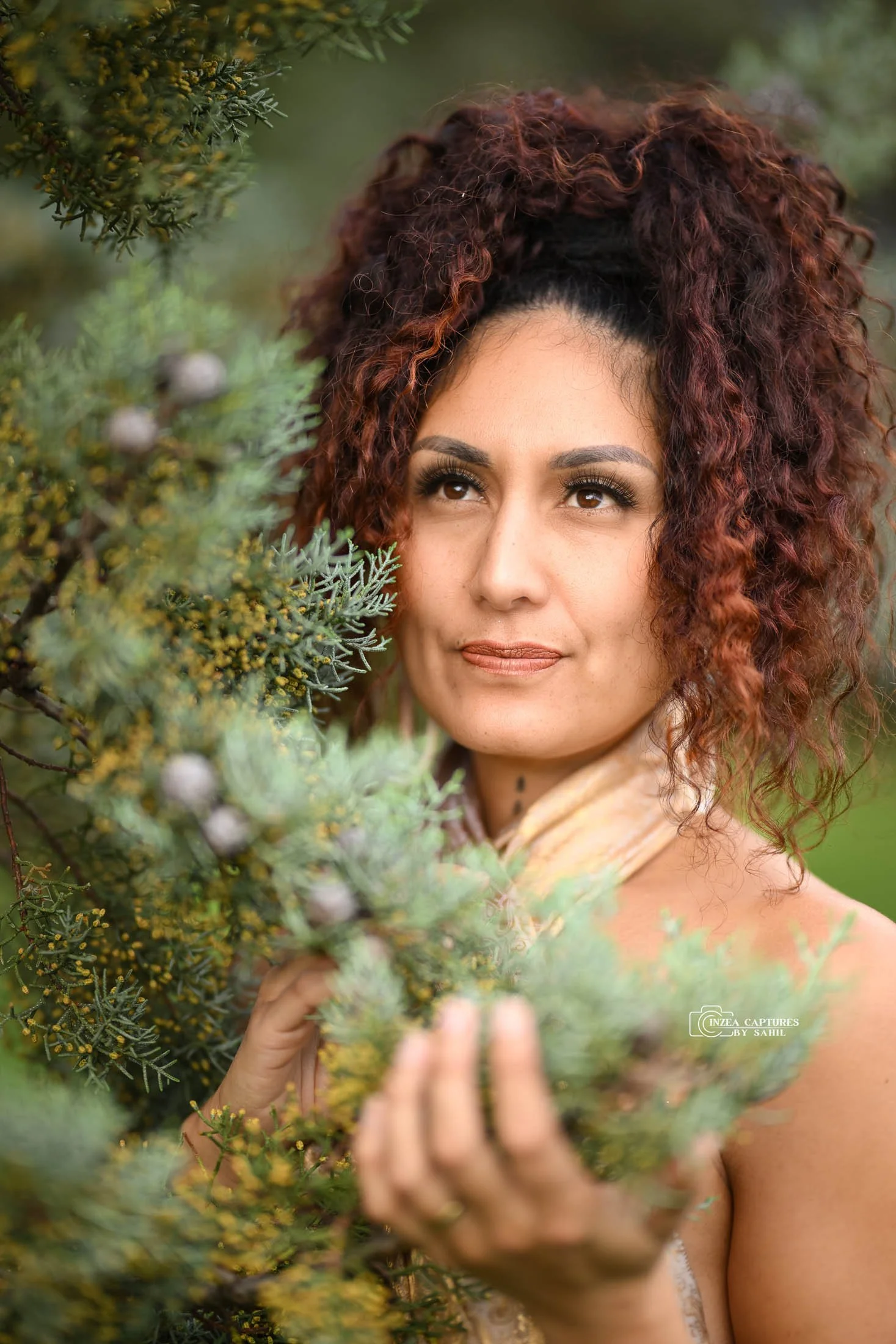 A woman with curly reddish-brown hair holding a branch of a conifer tree, partially obscuring her face, outdoors with blurred green foliage in the background.