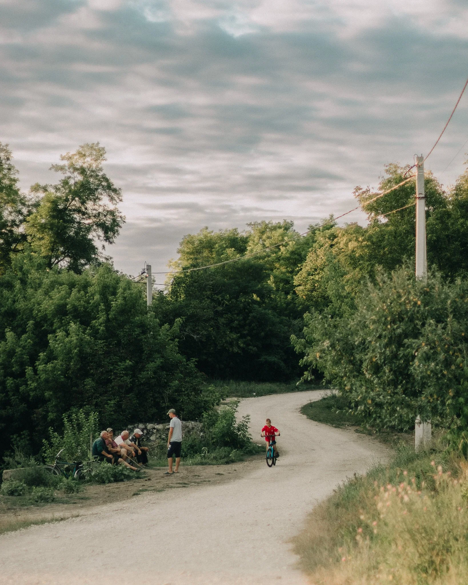 A group of elderly people sitting on a bench and a boy riding a bicycle on a dirt path surrounded by trees.