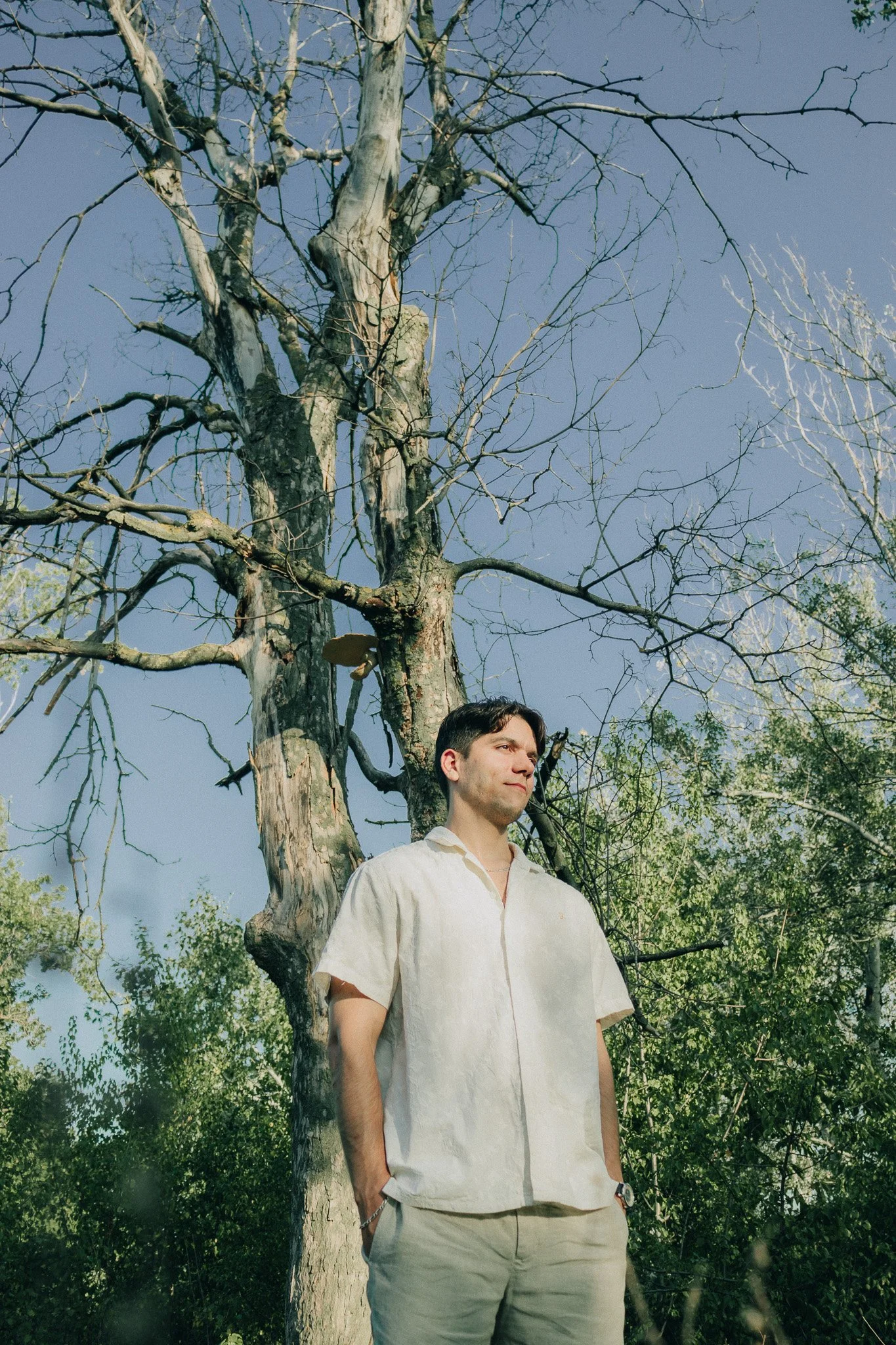 A man in a white shirt and beige pants stands outdoors with his hands in his pockets, gazing into the distance. Behind him is a tall, leafless tree against a clear blue sky, with some green foliage on nearby trees.