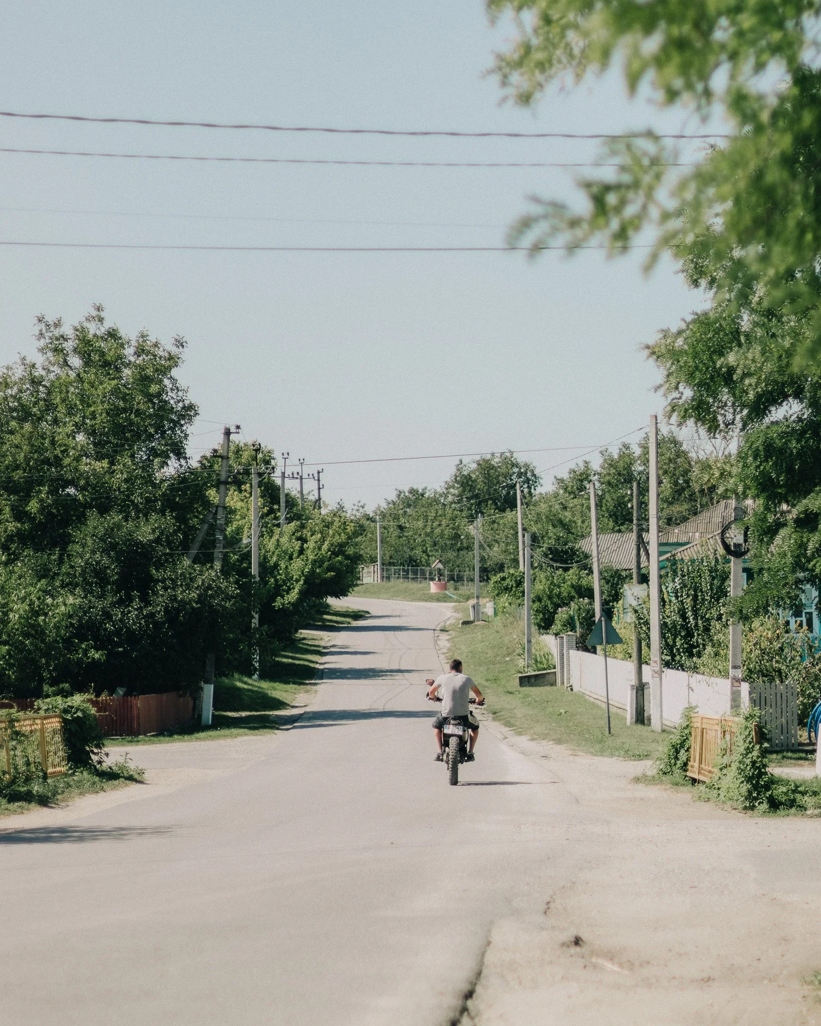 A man riding a motorcycle down a rural residential street with trees, houses, and power lines.