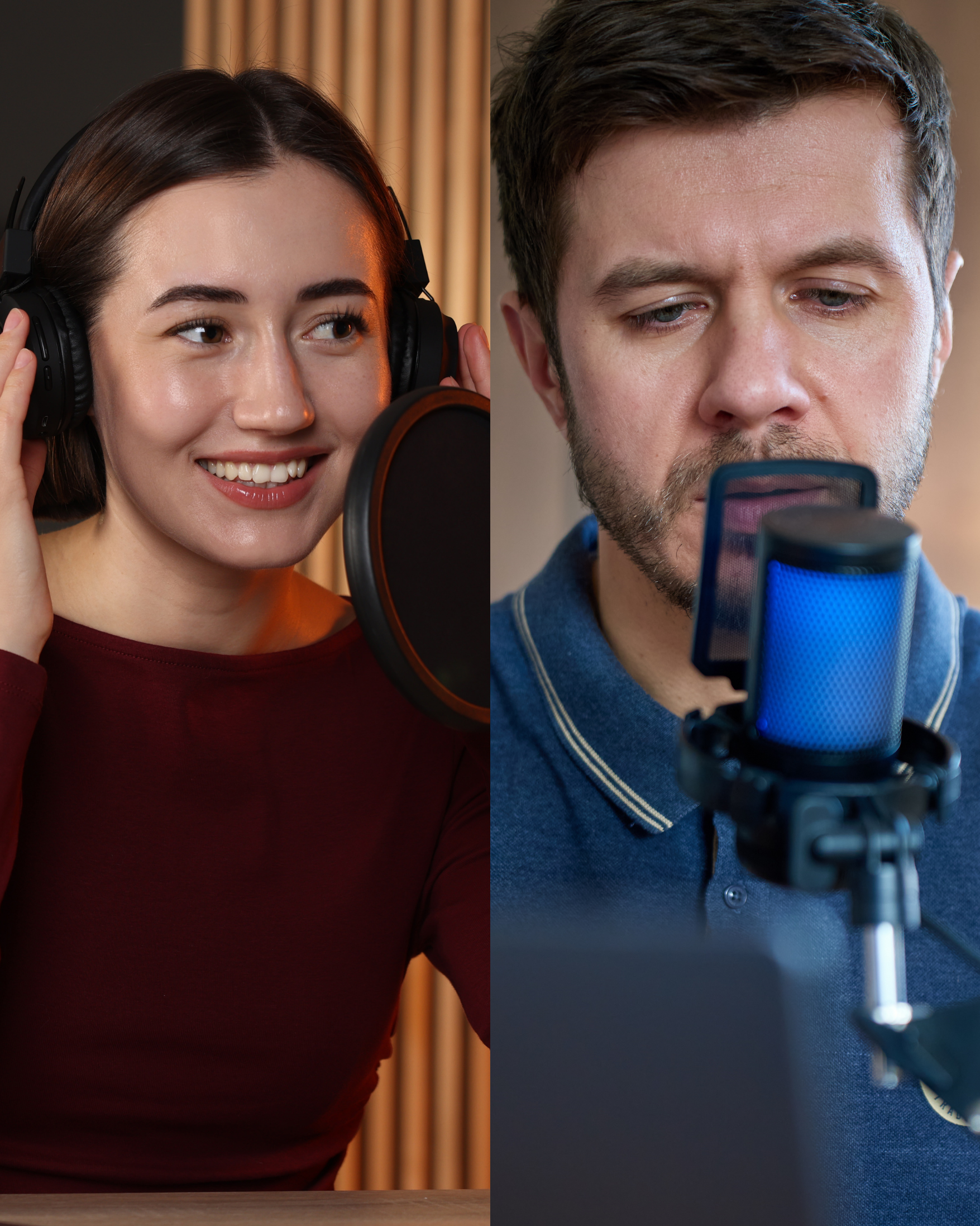A woman and a man are recording audio in a studio. The woman is smiling and wearing headphones, while the man is focused on speaking into a microphone.