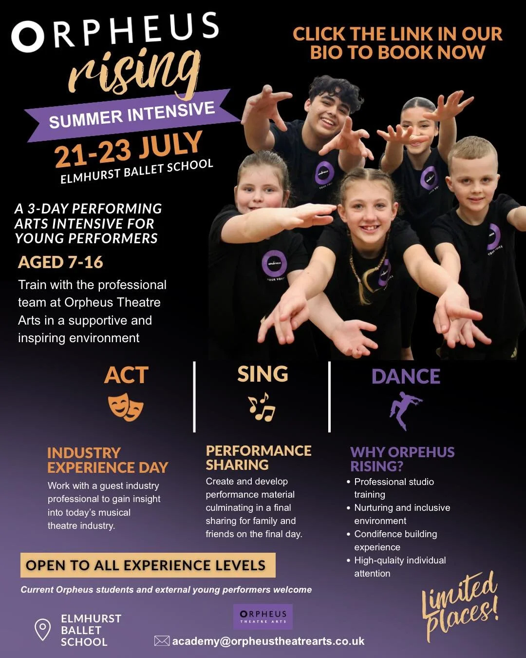 INTRODUCING ORPHEUS RISING 🌟💜

A 3-day summer intensive by Orpheus Theatre Arts, held within the prestigious facilities of Elmhurst Ballet School ☀️

Join us this summer for a focused programme of professional performing arts training designed to i