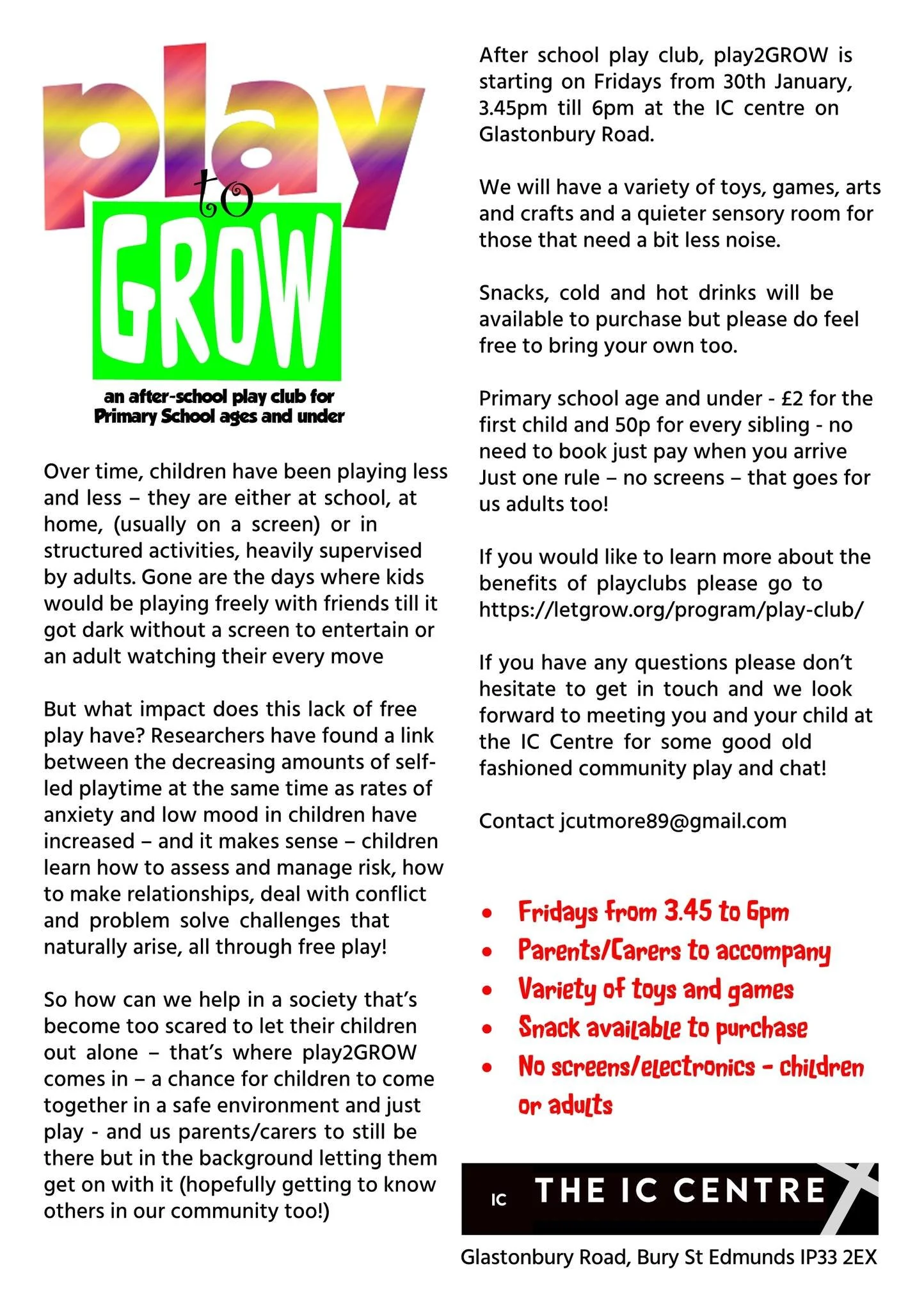 Play 2GROW, our Friday after-school club for Primary School aged children and their parents or carers