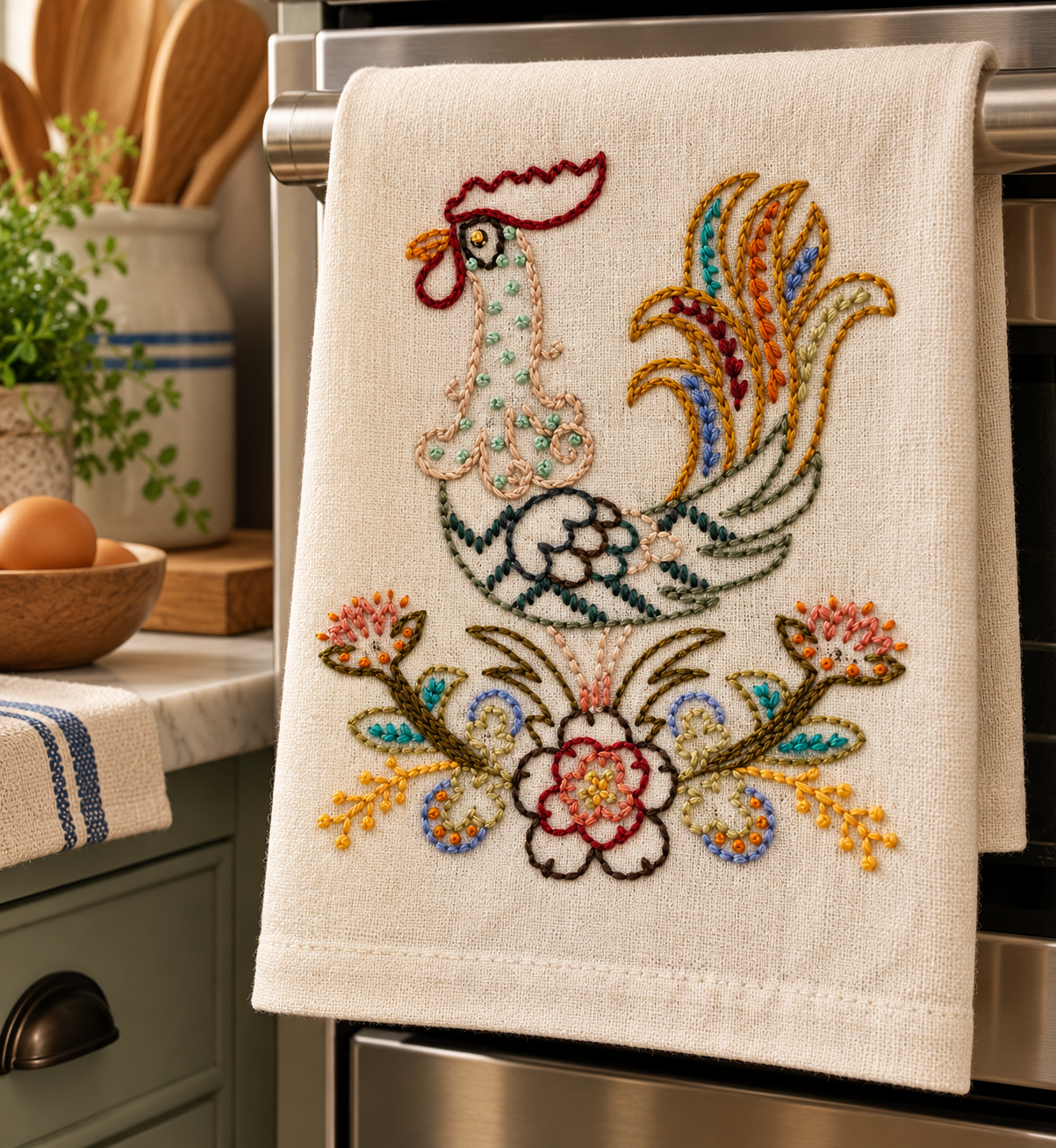 Hand Embroidered Rooster Tea Towel — Farmhouse Kitchen Decor