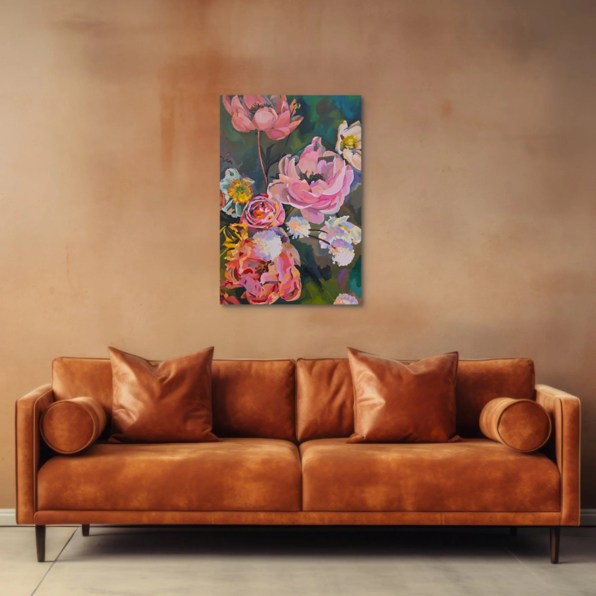 Wild Abundance original floral painting displayed above a sofa in a warm living room