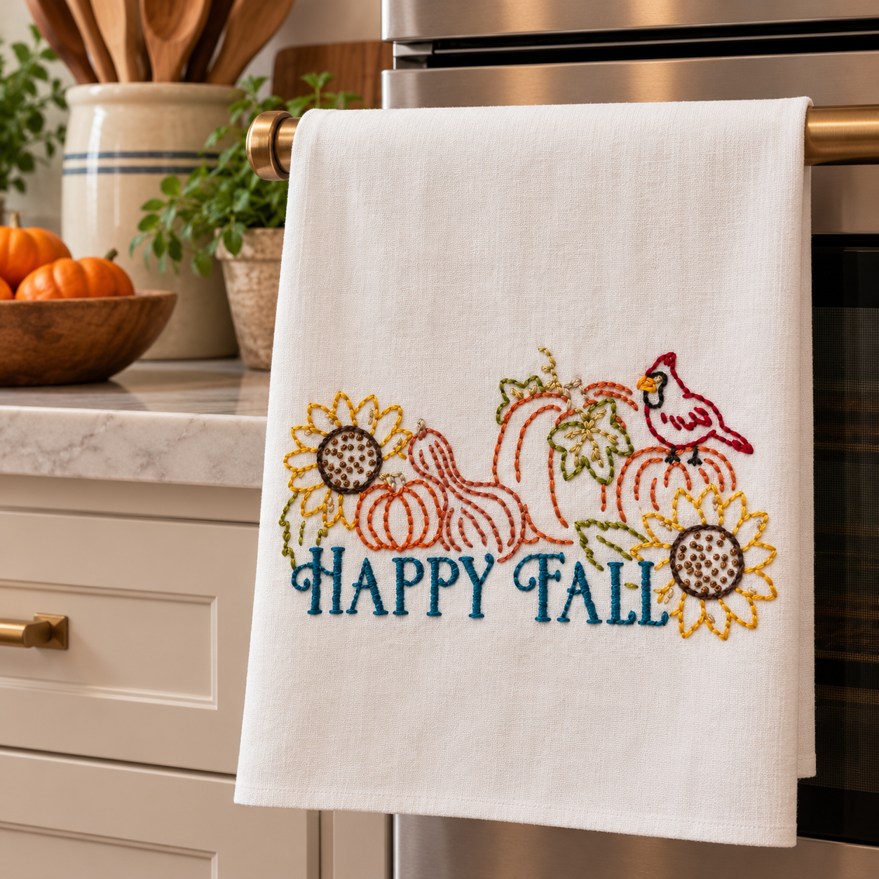Hand Embroidered "Happy Fall" Kitchen Towel