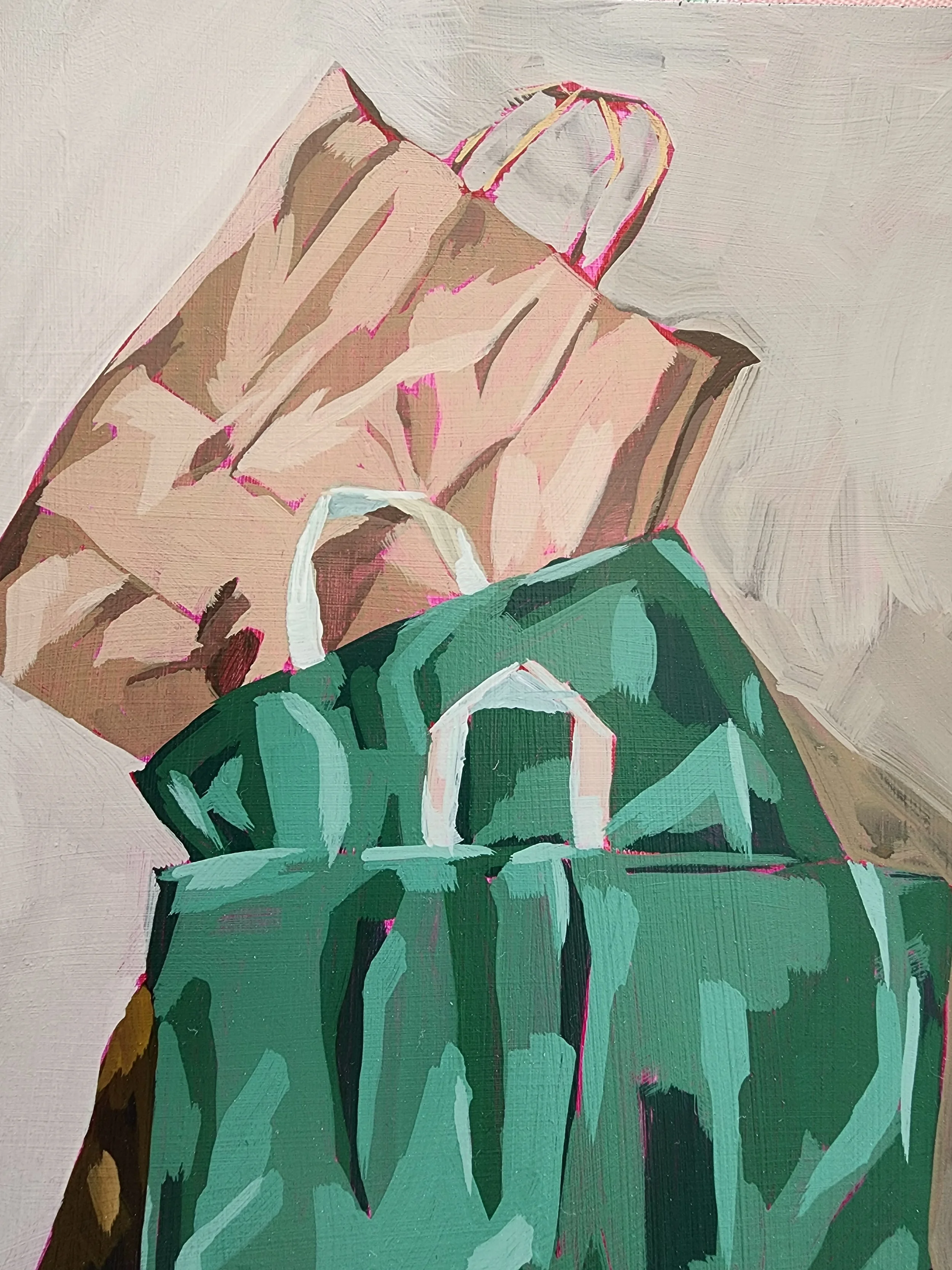Contemporary acrylic painting on a cradled wood panel of a standing figure holding a teal shopping bag with paper bags covering their head, painted by Iowa artist Robin Werner. Titled Shopping Spree.