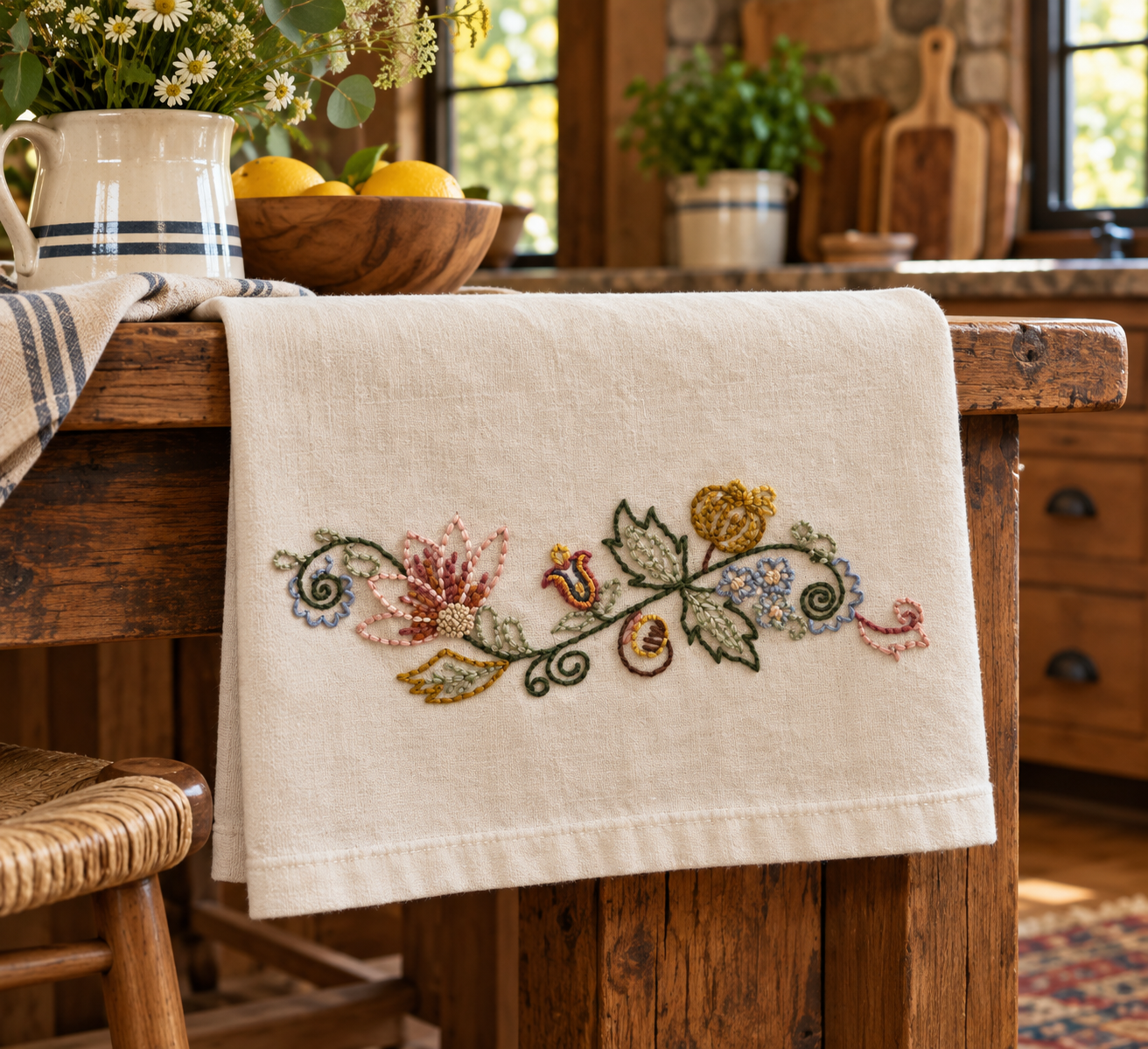 Hand Embroidered Floral Kitchen Towel