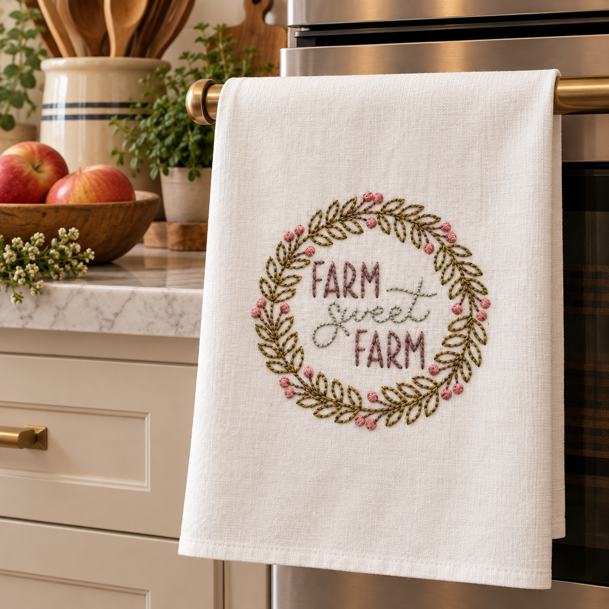 Hand Embroidered "Farm Sweet Farm" Kitchen Towel