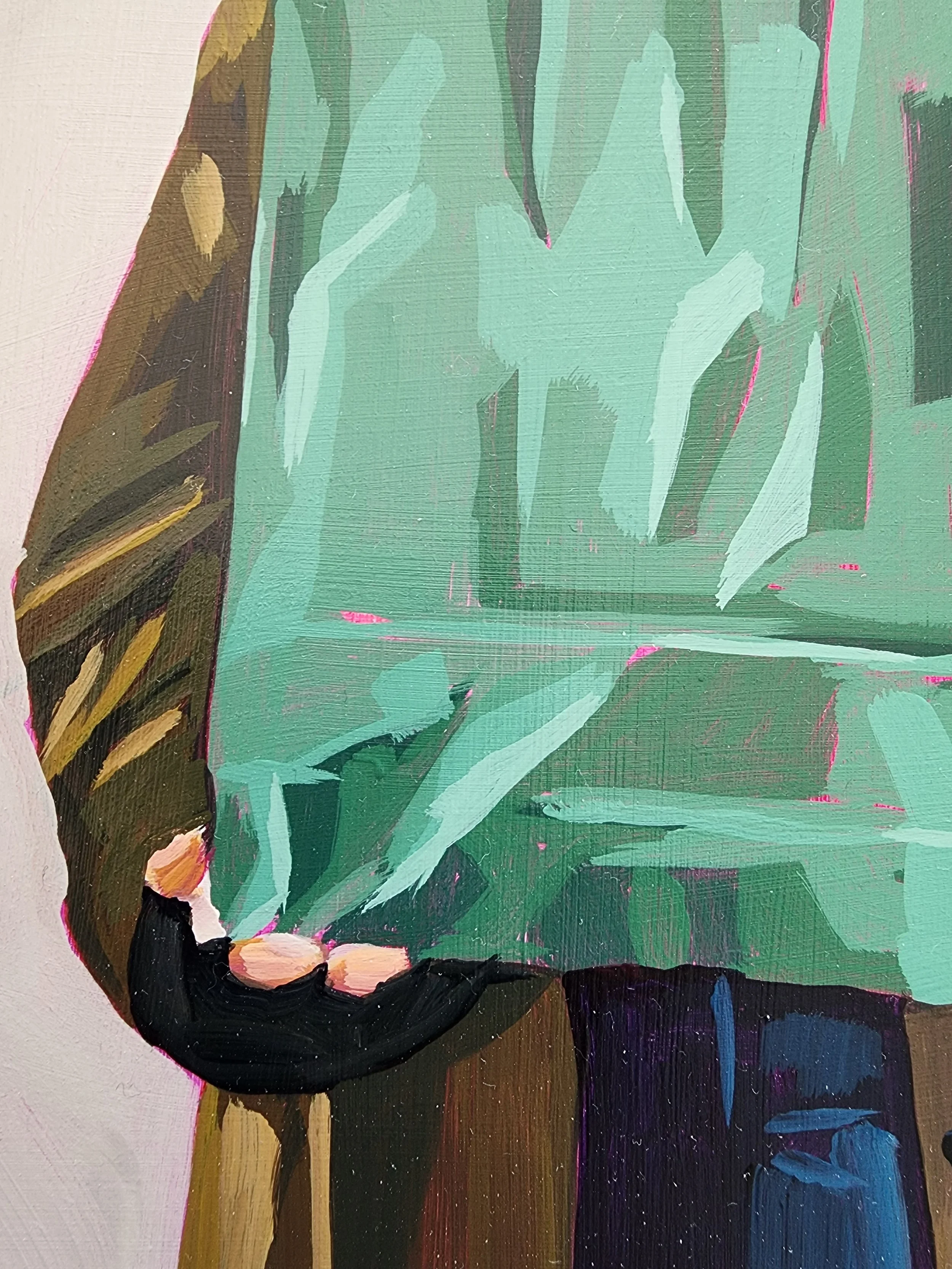 Contemporary acrylic painting on a cradled wood panel of a standing figure holding a teal shopping bag with paper bags covering their head, painted by Iowa artist Robin Werner. Titled Shopping Spree.