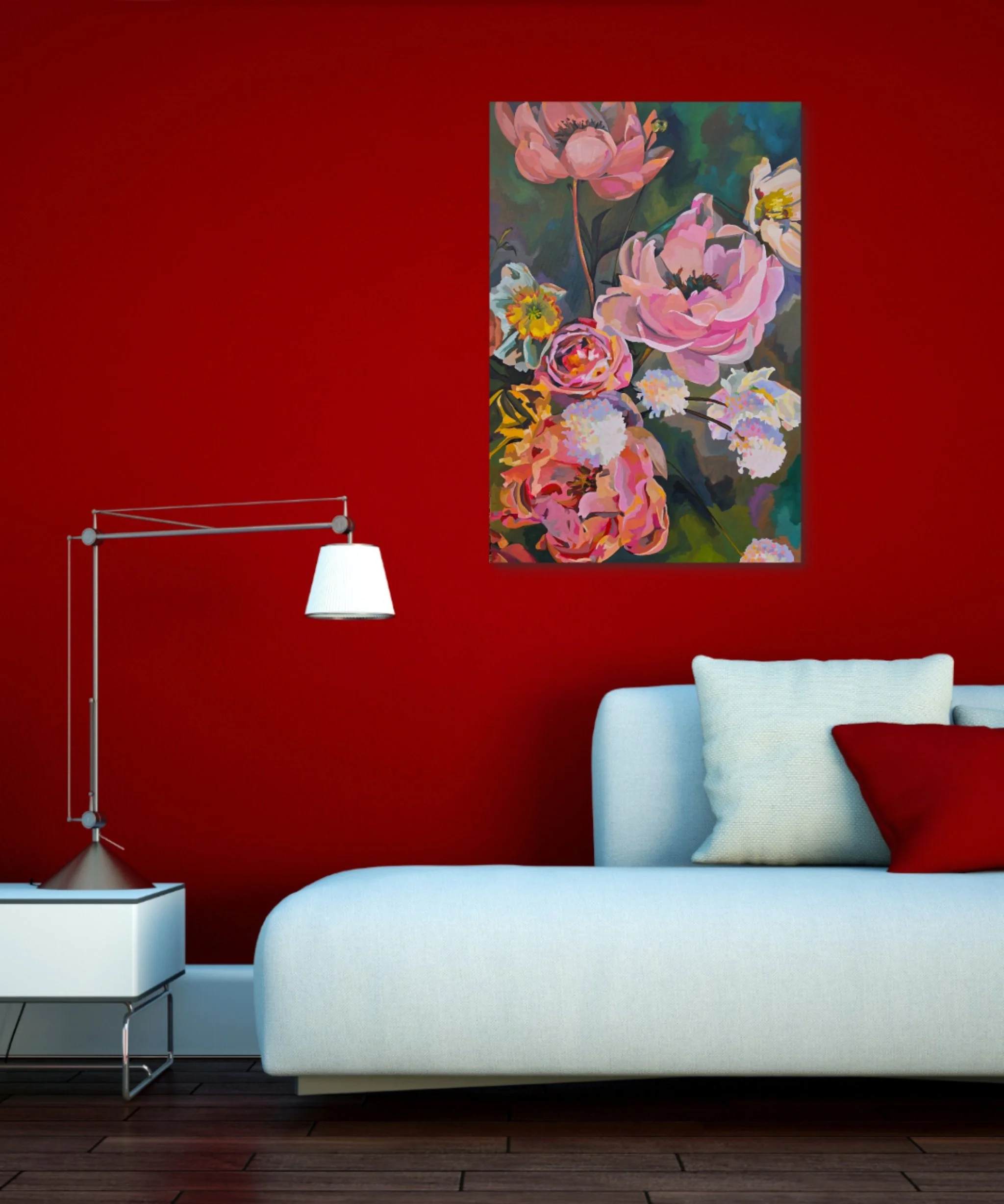 Wild Abundance original floral painting displayed above a bed in a contemporary room