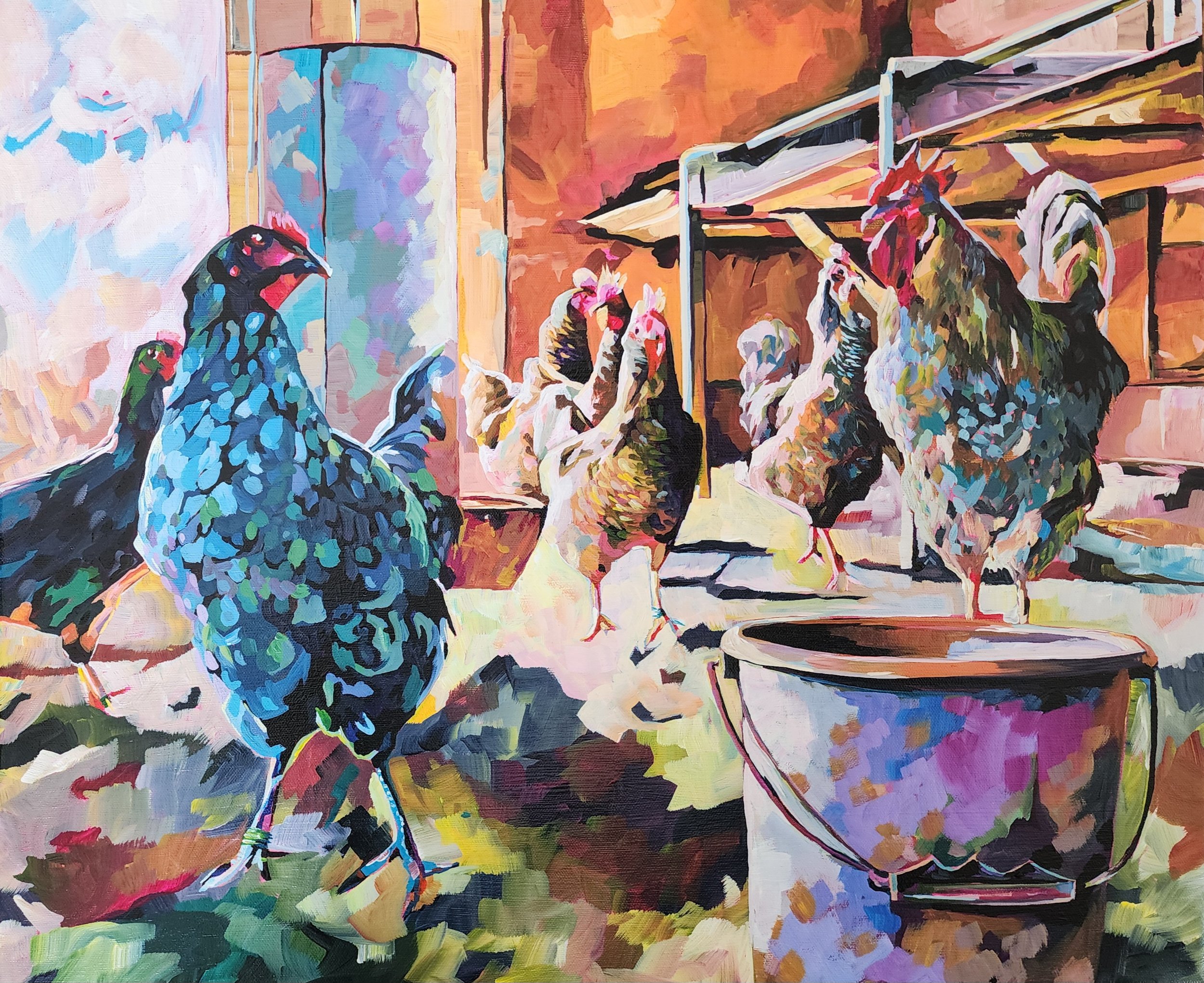 Chicken Coop Art Print — Farm Animal Painting — Rustic Country Wall Art — "Chickens in the Barn"