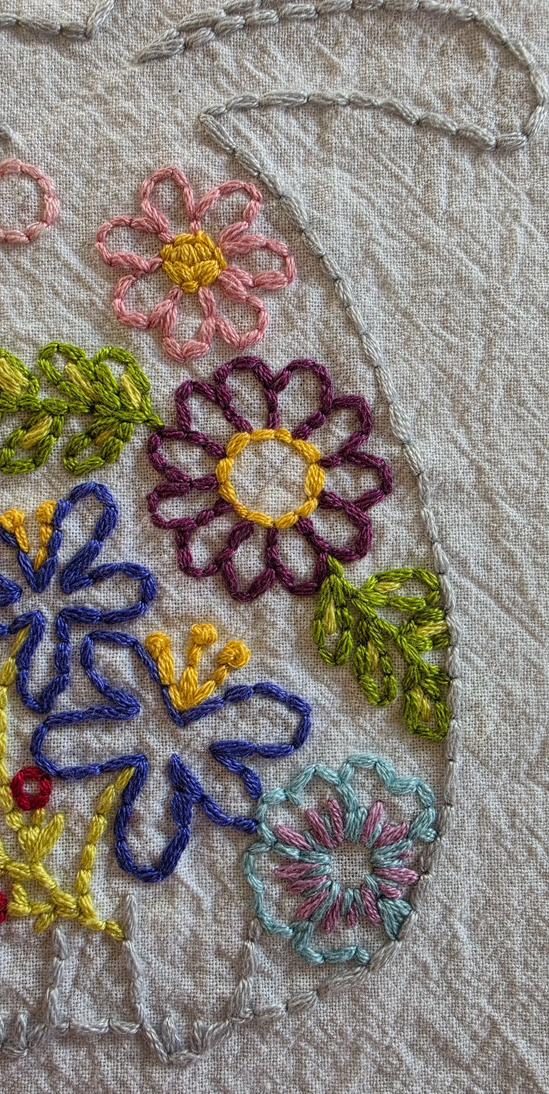 Detailed hand embroidery on a floral bunny, showing a gray outline, colorful flower petals, and golden yellow centers.