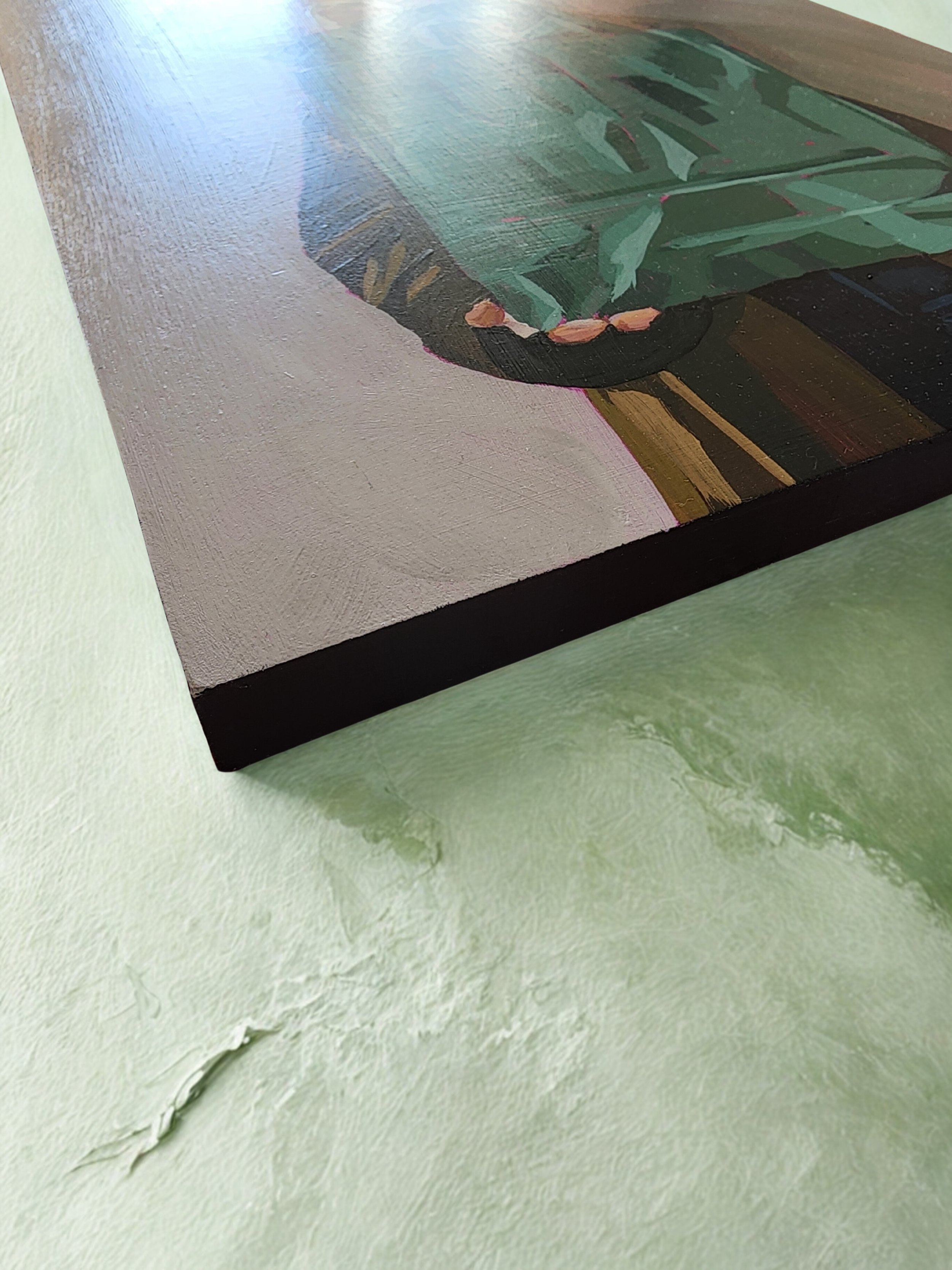 Contemporary acrylic painting on a cradled wood panel of a standing figure holding a teal shopping bag with paper bags covering their head, painted by Iowa artist Robin Werner. Titled Shopping Spree.