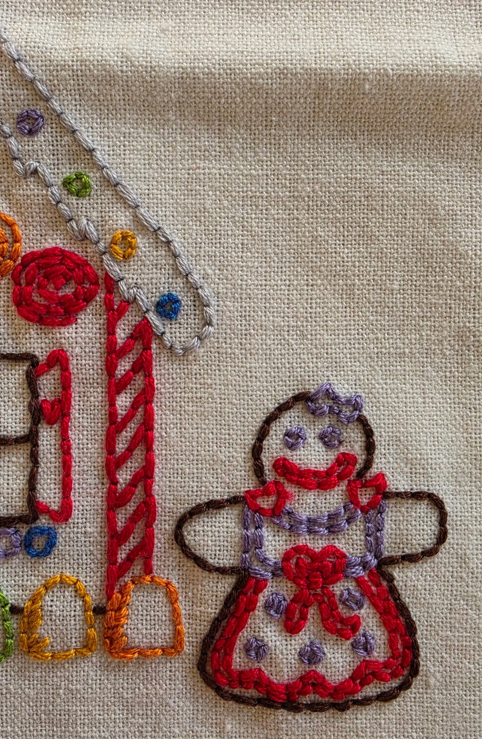 Close-up of an embroidered gingerbread girl wearing a red bow and a festive dress beside a candy-decorated gingerbread house.