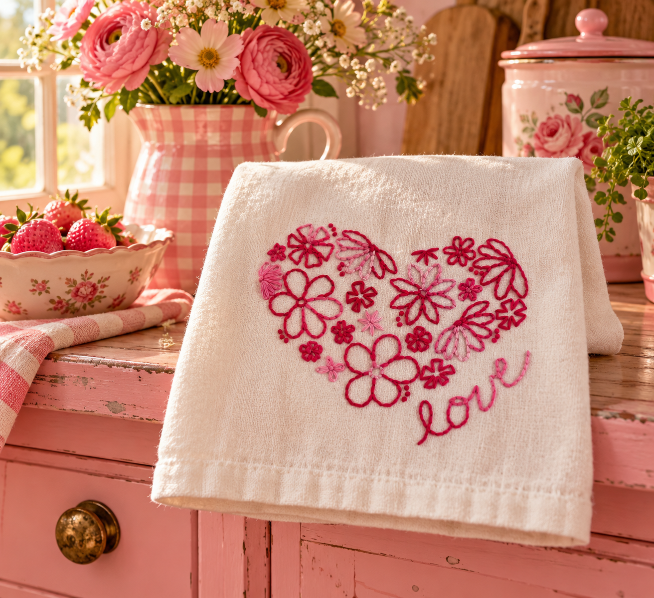 White hand-embroidered kitchen towel with a heart of red and pink flowers and love lettering displayed in a cozy farmhouse kitchen.