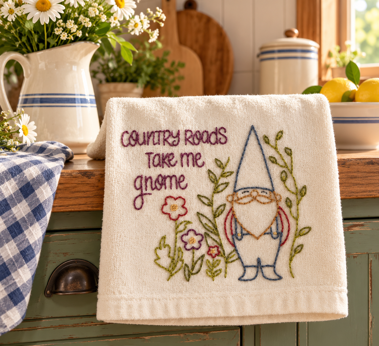 Country Roads Take Me Gnome Hand Embroidered Kitchen Towel
