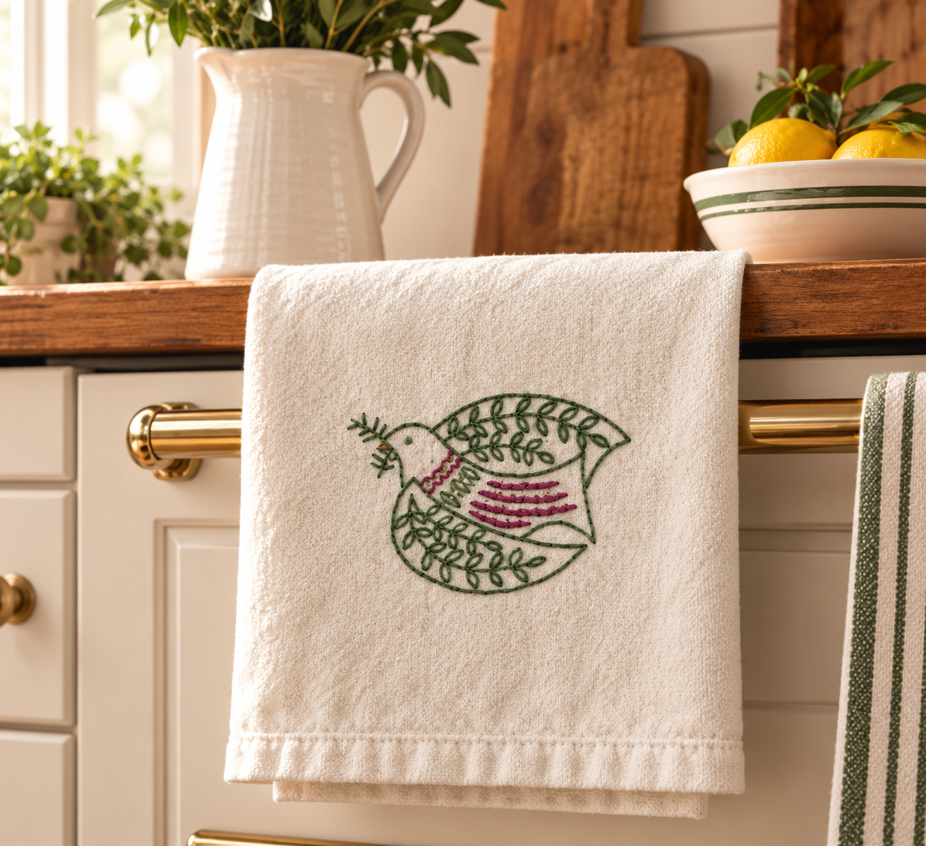 Hand Embroidered Bird Kitchen Towel