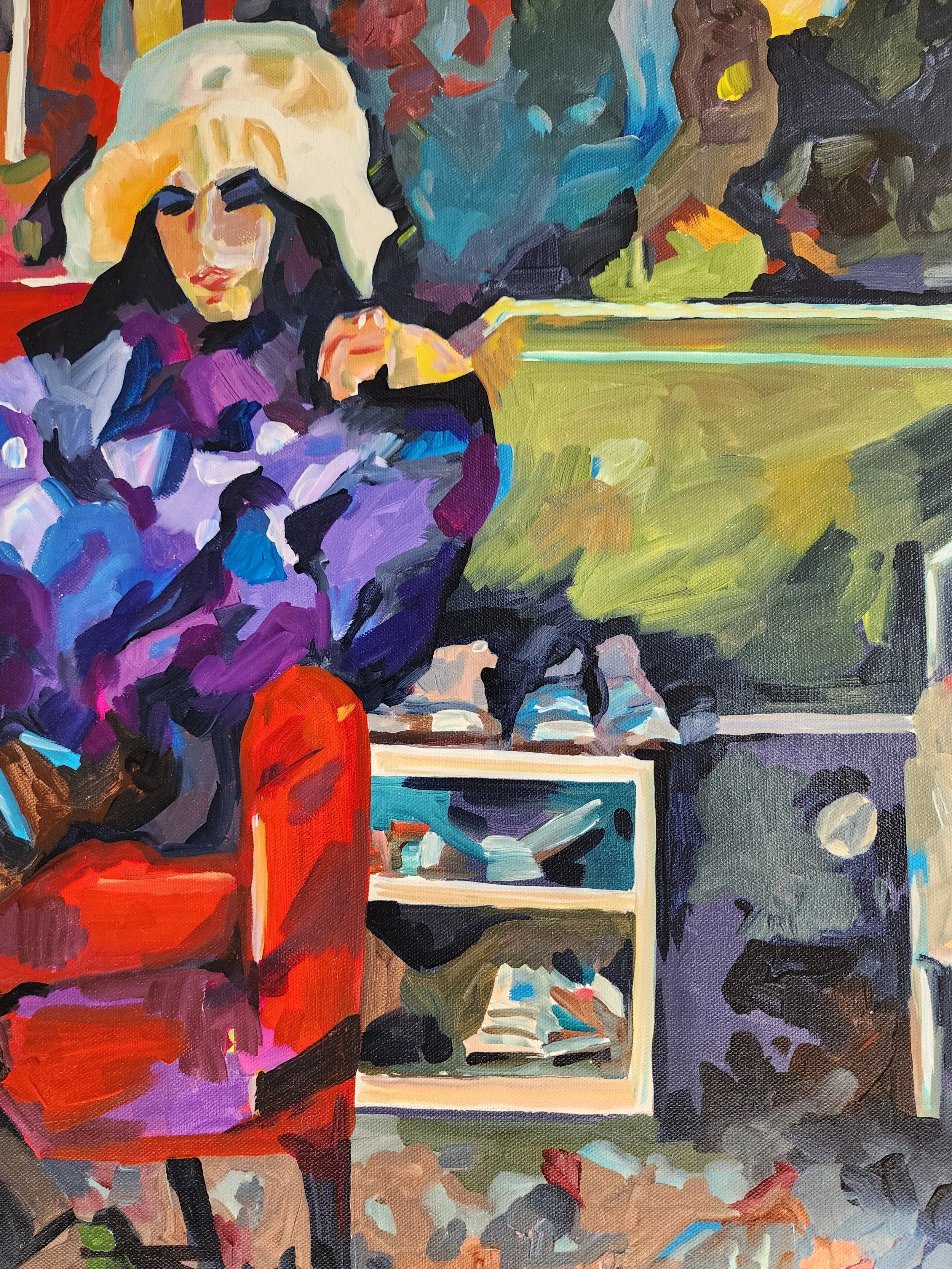 Woman in the Red Chair figurative fine art print by Robin Werner of Robin Rae Art featuring a seated woman surrounded by expressive colorful brushstrokes