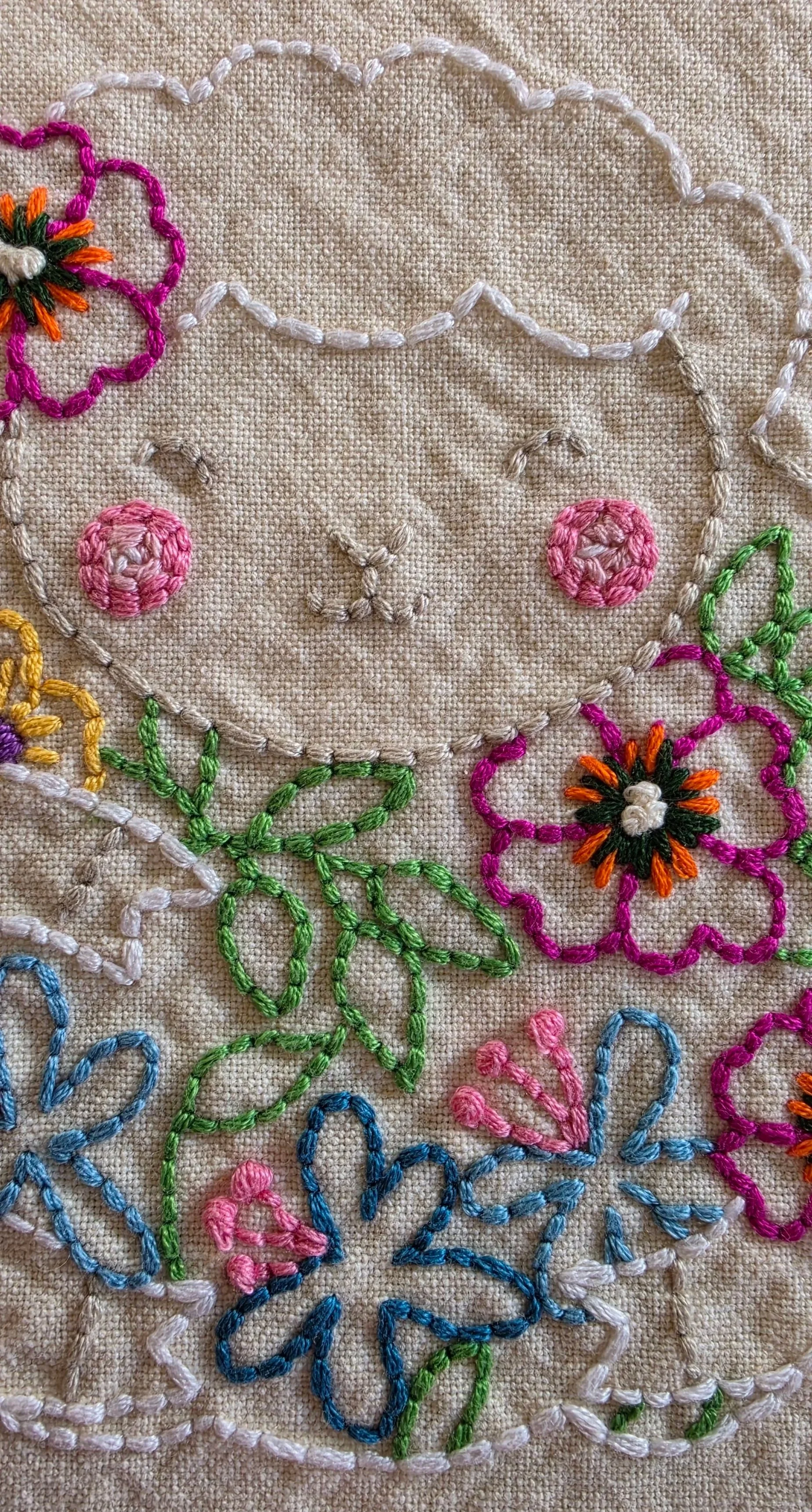 Detailed view of the blue, pink, yellow, and magenta flowers with green leaves in the lamb towel’s hand embroidery.