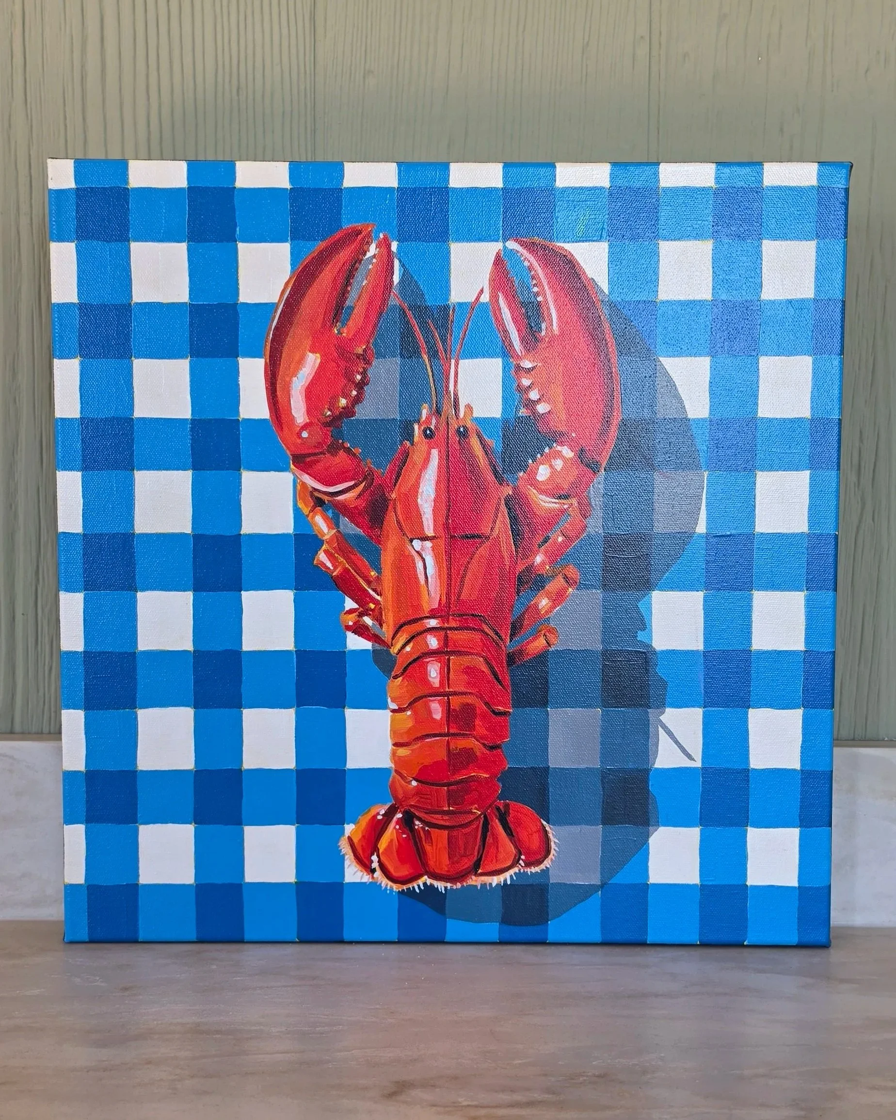Original 16×16 acrylic painting of a bright red lobster on a blue and white gingham background by artist Robin Rae Werner
