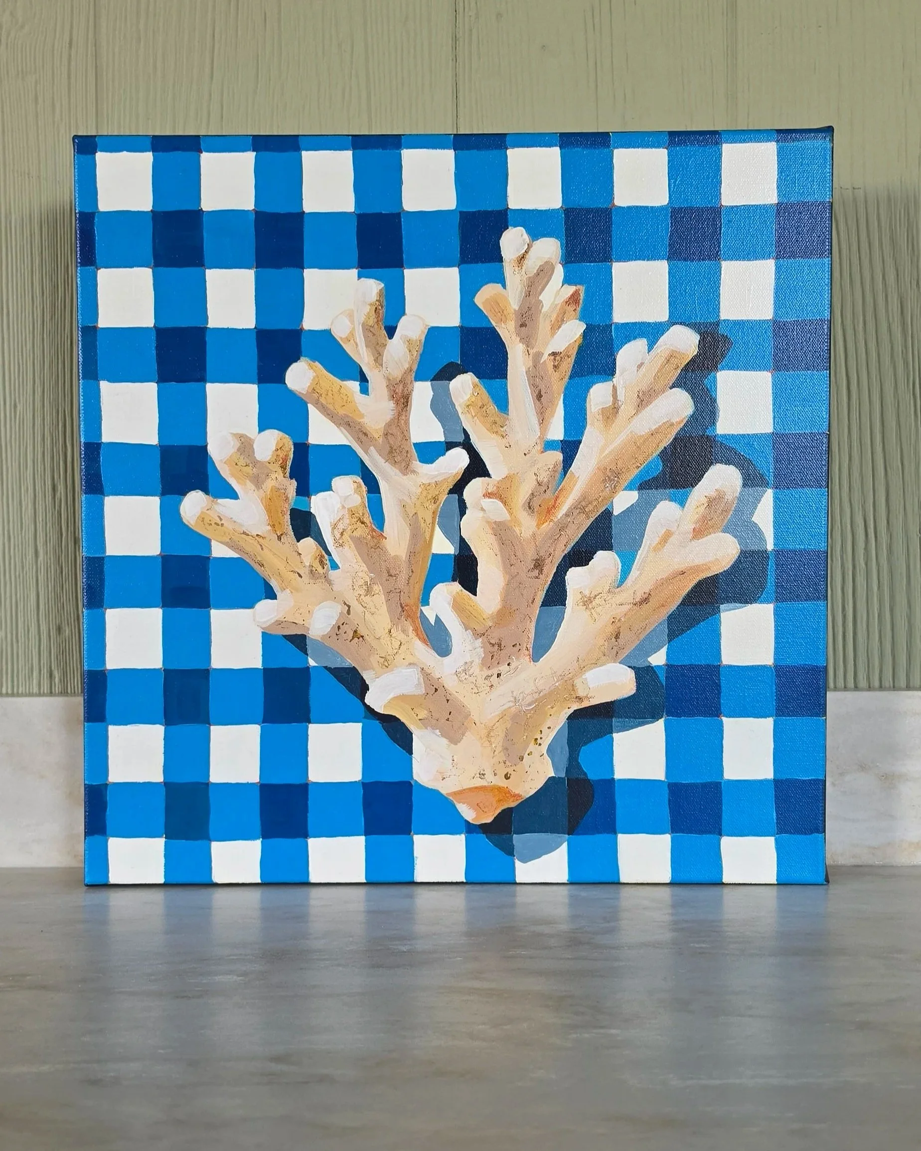 Original 16×16 acrylic painting of coral on a blue and white gingham background by artist Robin Rae Werner.