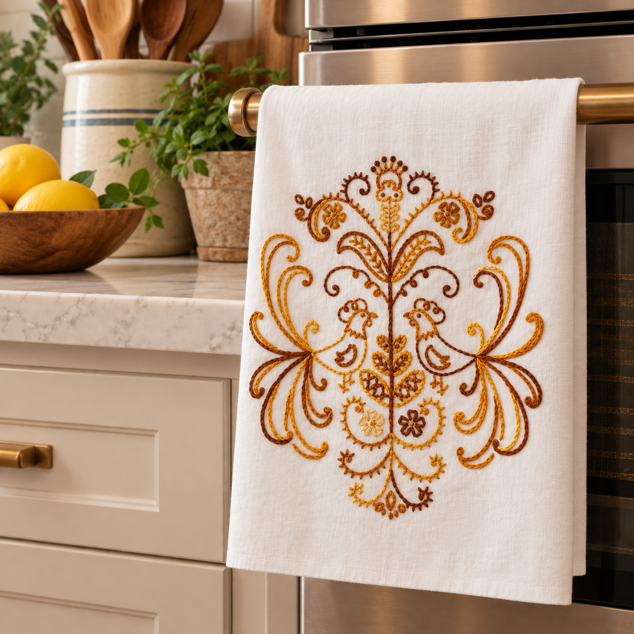 Hand Embroidered Farmhouse Chickens Kitchen Towel