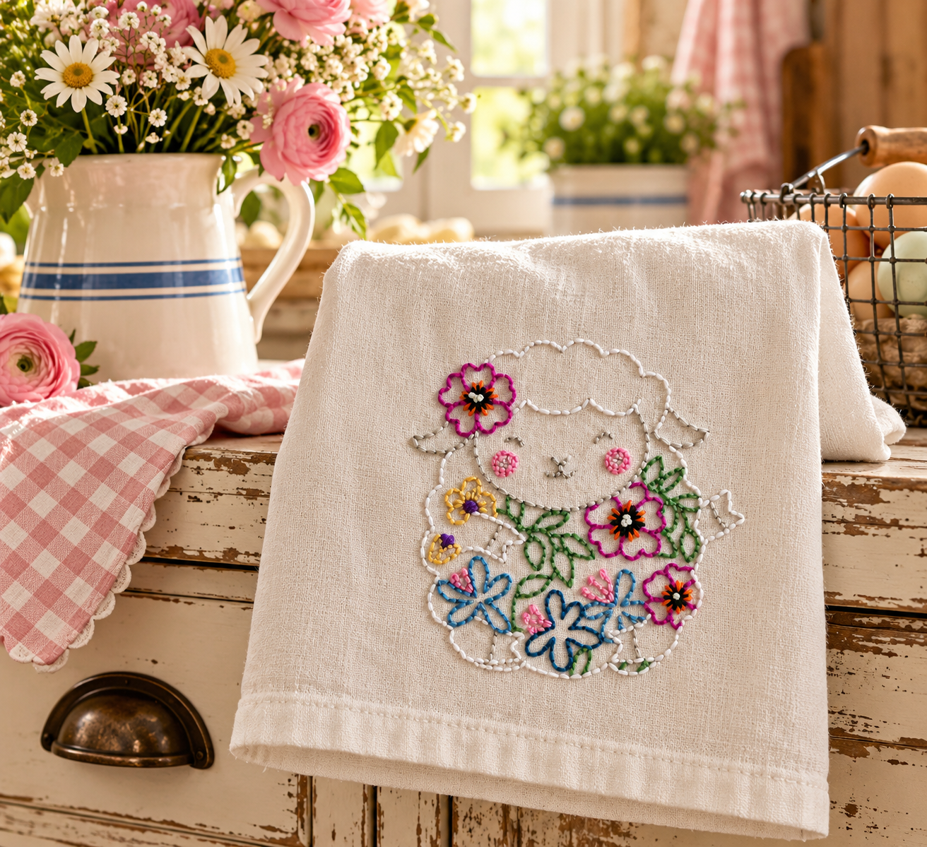 Hand-embroidered floral lamb kitchen towel displayed in a cozy cottage-style kitchen.