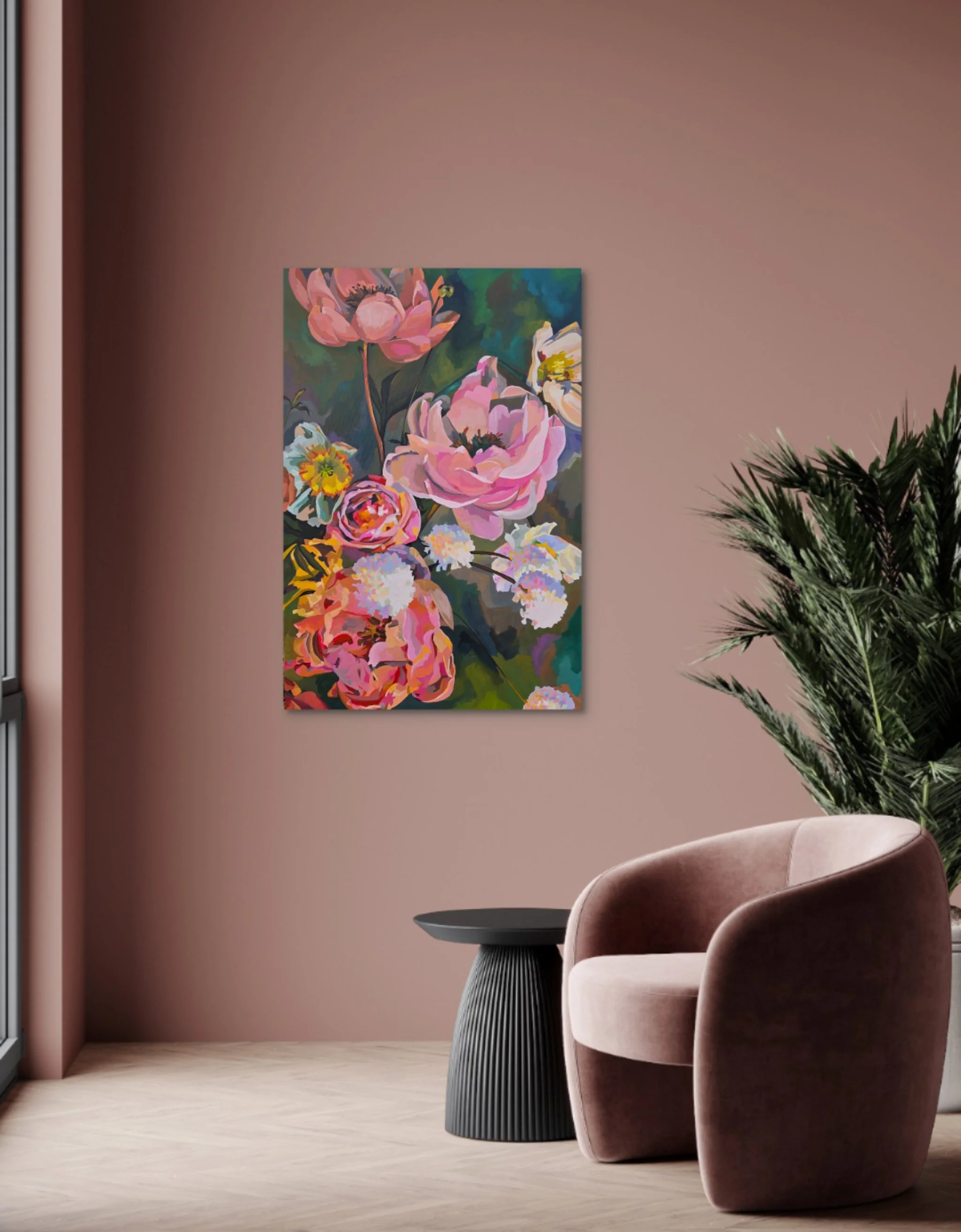 Wild Abundance original floral painting displayed on a neutral wall in a modern interior