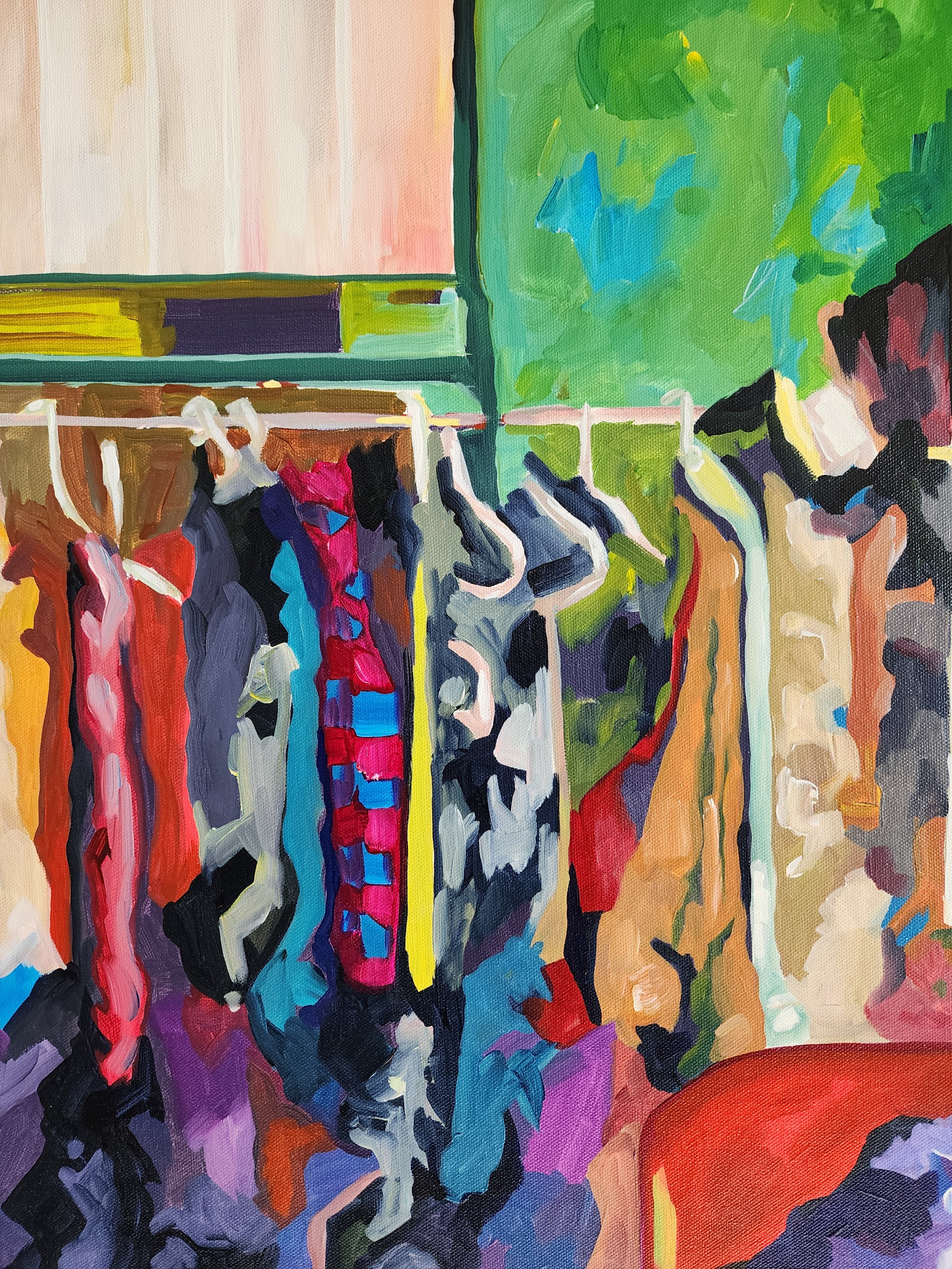 Woman in the Red Chair figurative fine art print by Robin Werner of Robin Rae Art featuring a seated woman surrounded by expressive colorful brushstrokes