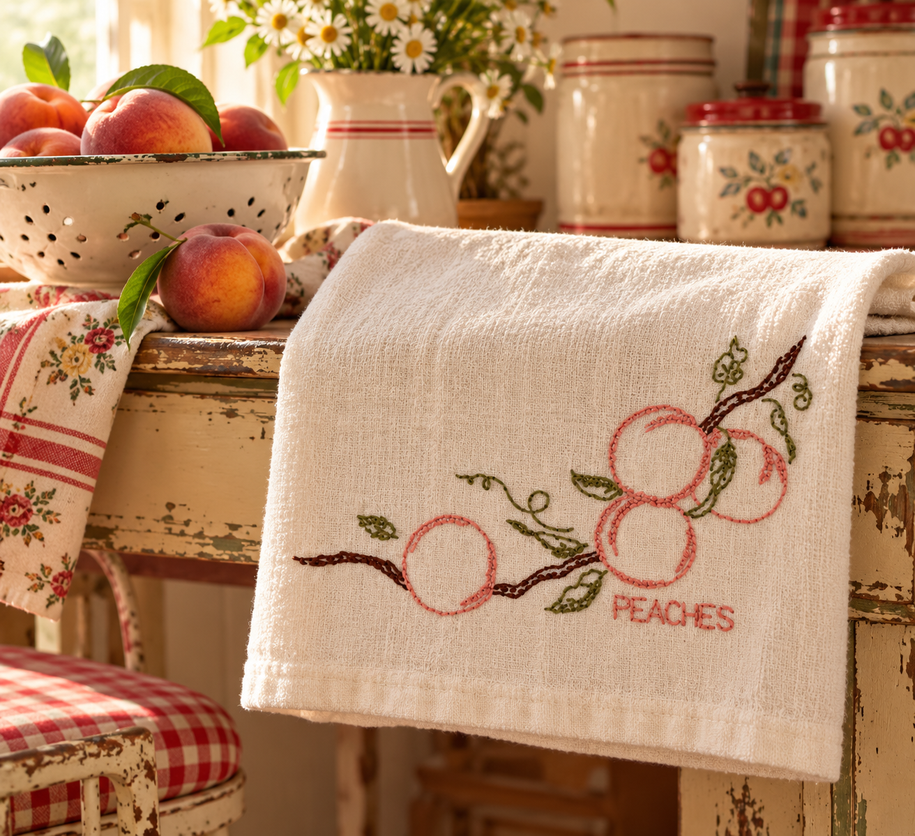 Hand-embroidered peaches kitchen towel displayed in a farmhouse kitchen with fresh peaches and vintage cream pottery.