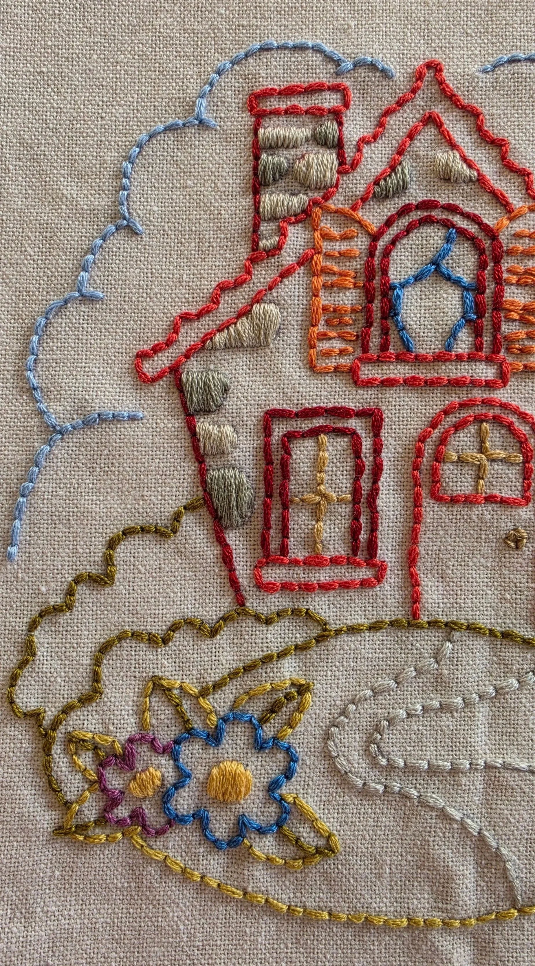 Close-up of the cottage house embroidery showing its red roof, chimney, shutters, and colorful windows.