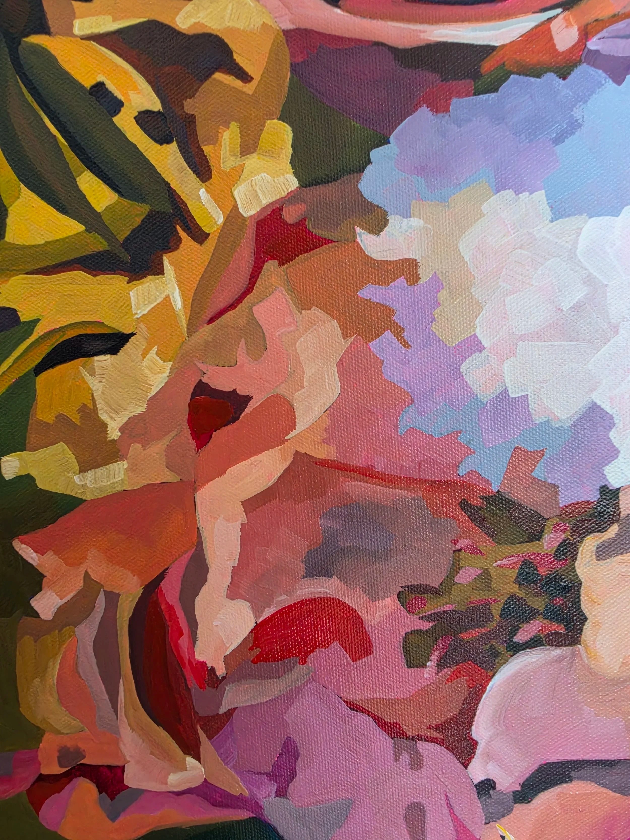 Close-up detail of colorful pink, coral and yellow flowers in Wild Abundance