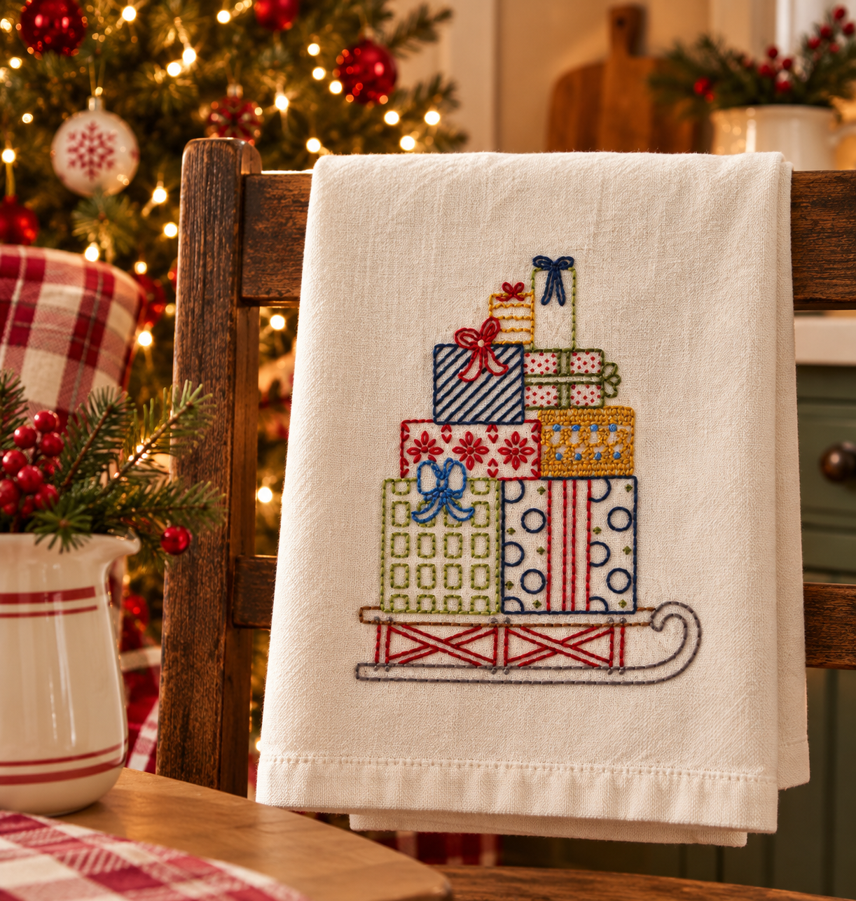 Hand Embroidered Christmas Sled Kitchen Towel