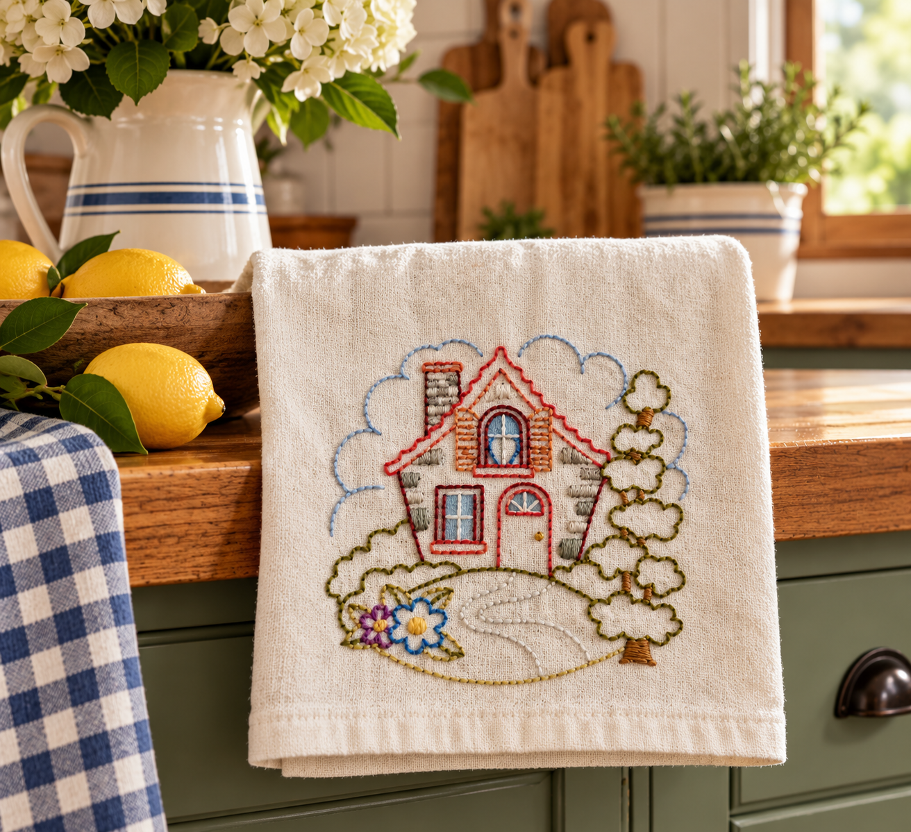 Hand-embroidered cottage house kitchen towel displayed in a farmhouse kitchen with a red roof, trees, flowers, and winding path.